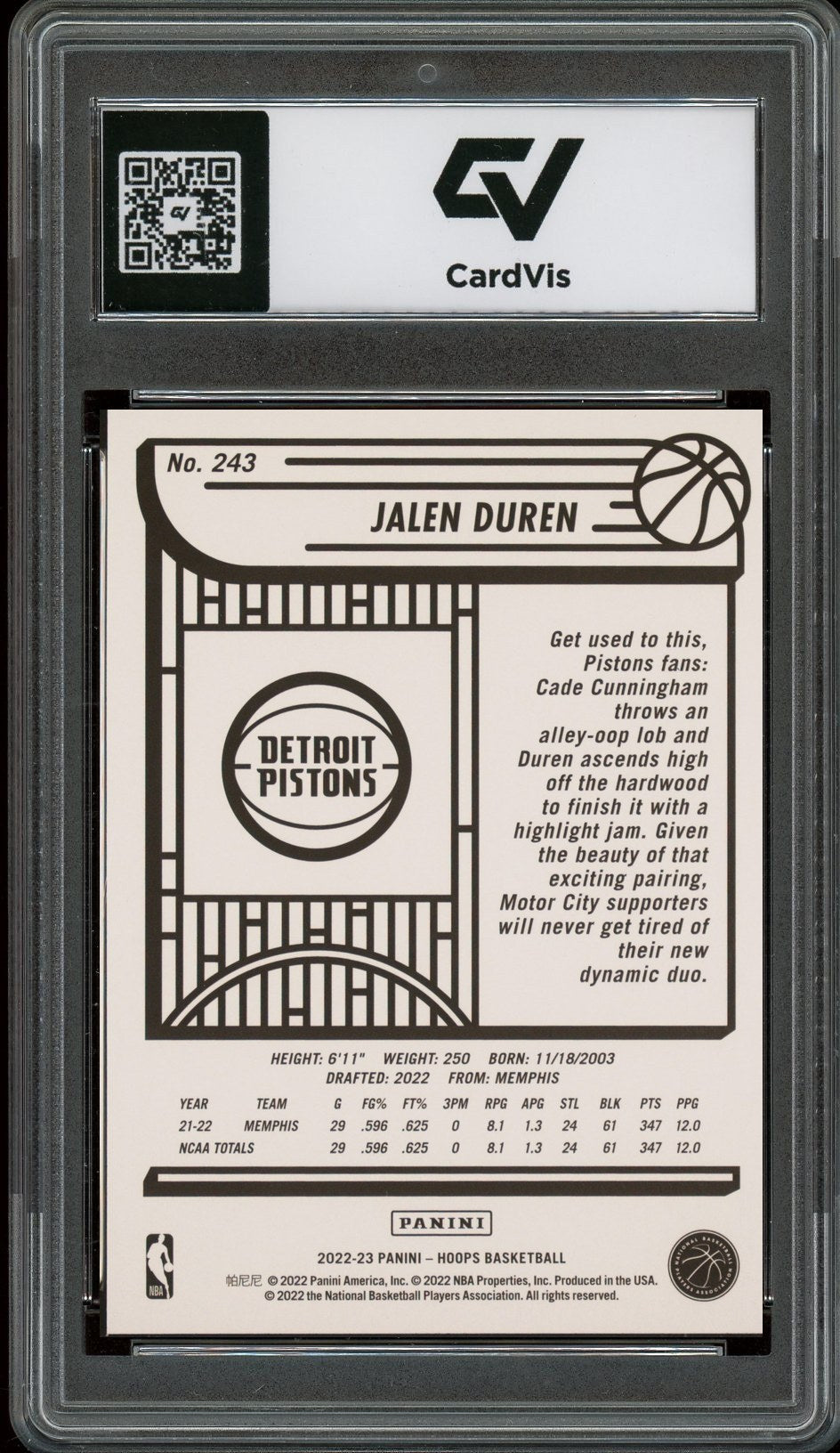 2022 Panini Hoops #243 Jalen Duren Rookie Card RC Graded 10 Gem Mint - Back
