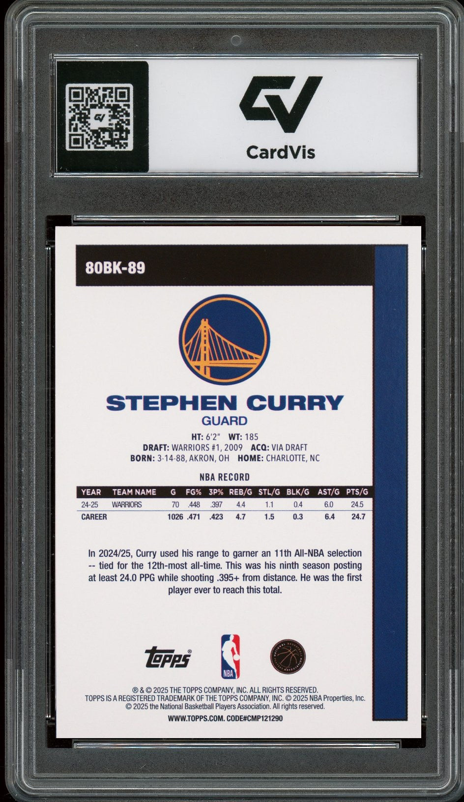 2025 Topps #80BK-89 Stephen Curry Graded 10 Gem Mint - Back