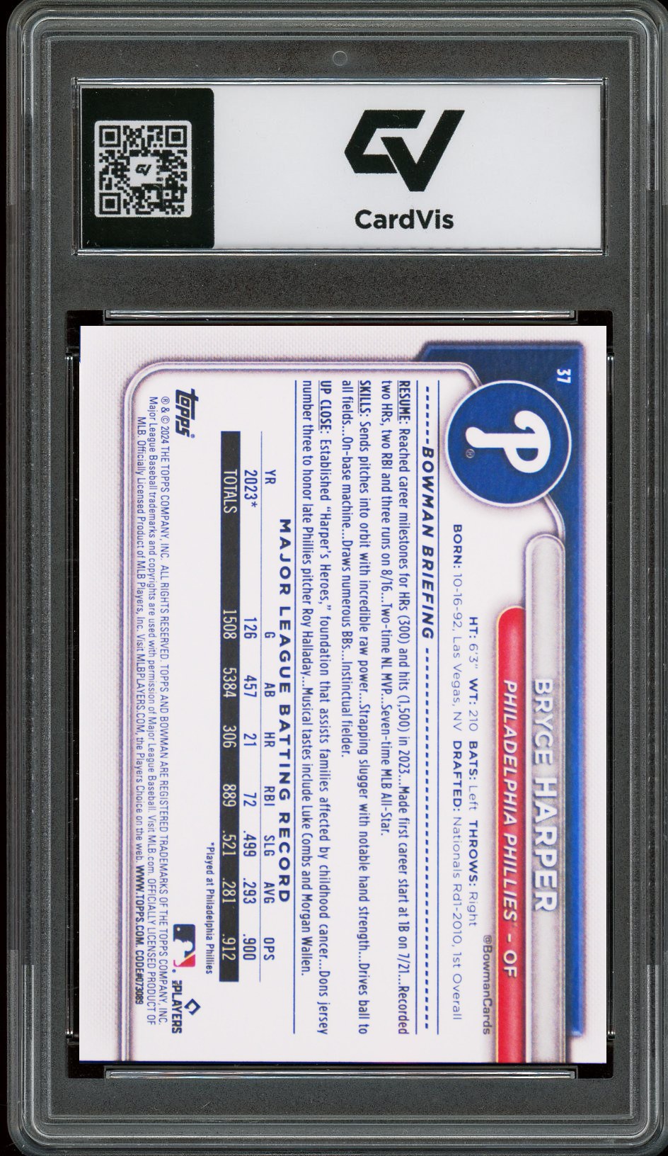 2024 Bowman #37 Bryce Harper Graded 10 Gem Mint - Back