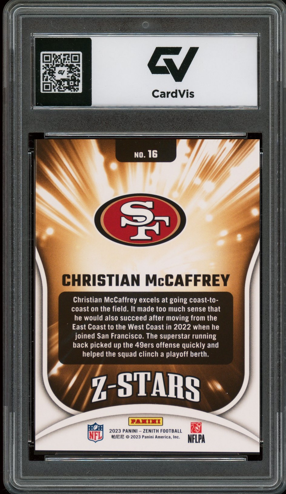 2023 Panini Zenith #16 Christian McCaffrey Z-Stars Graded 10 Gem Mint - Back