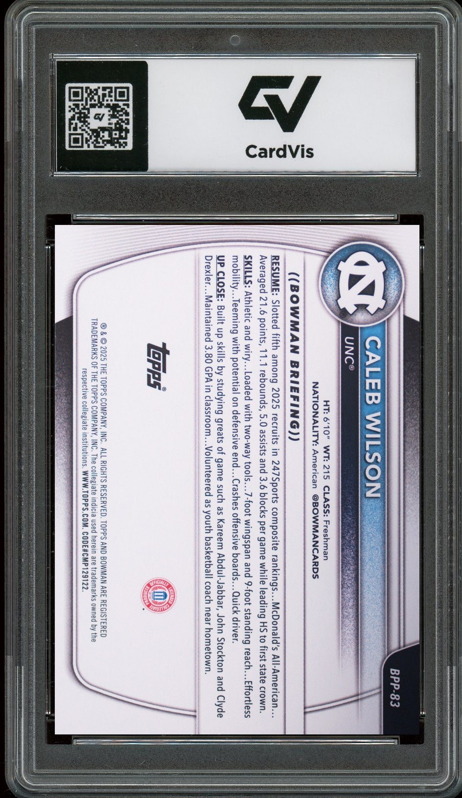2025 Bowman University #BPP-83 Caleb Wilson Prospects Rookie Card RC Graded 10 Gem Mint - Back