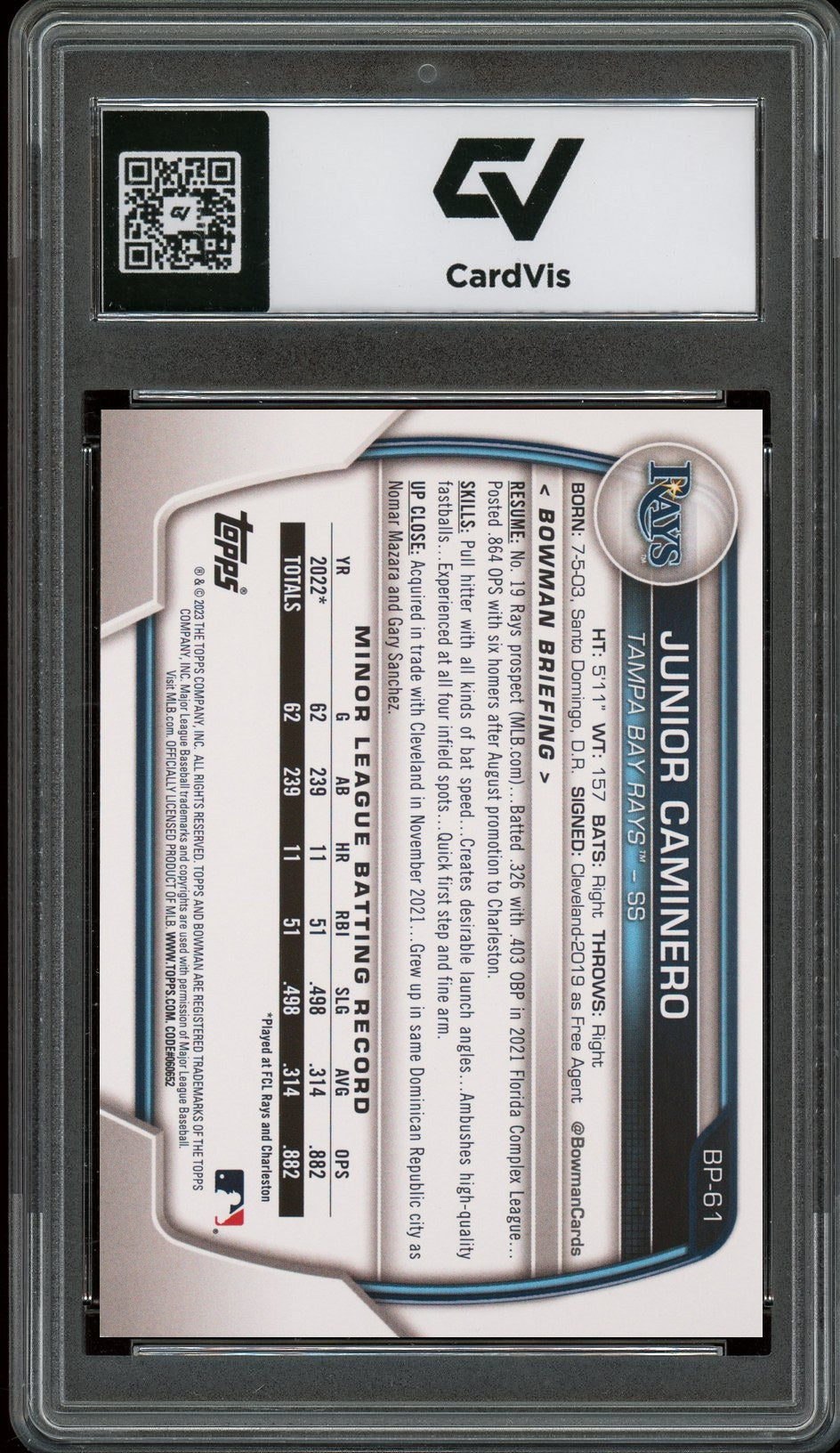 2023 Bowman Paper #BP-61 Junior Caminero Paper Prospects Rookie Card RC Graded 10 Gem Mint - Back