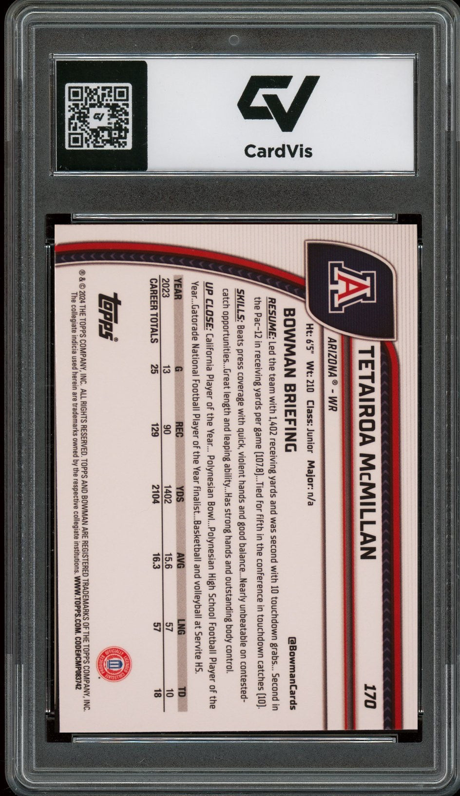 2024 Bowman University Chrome #170 Tetairoa McMillan Rookie Card RC Graded 10 Gem Mint - Back