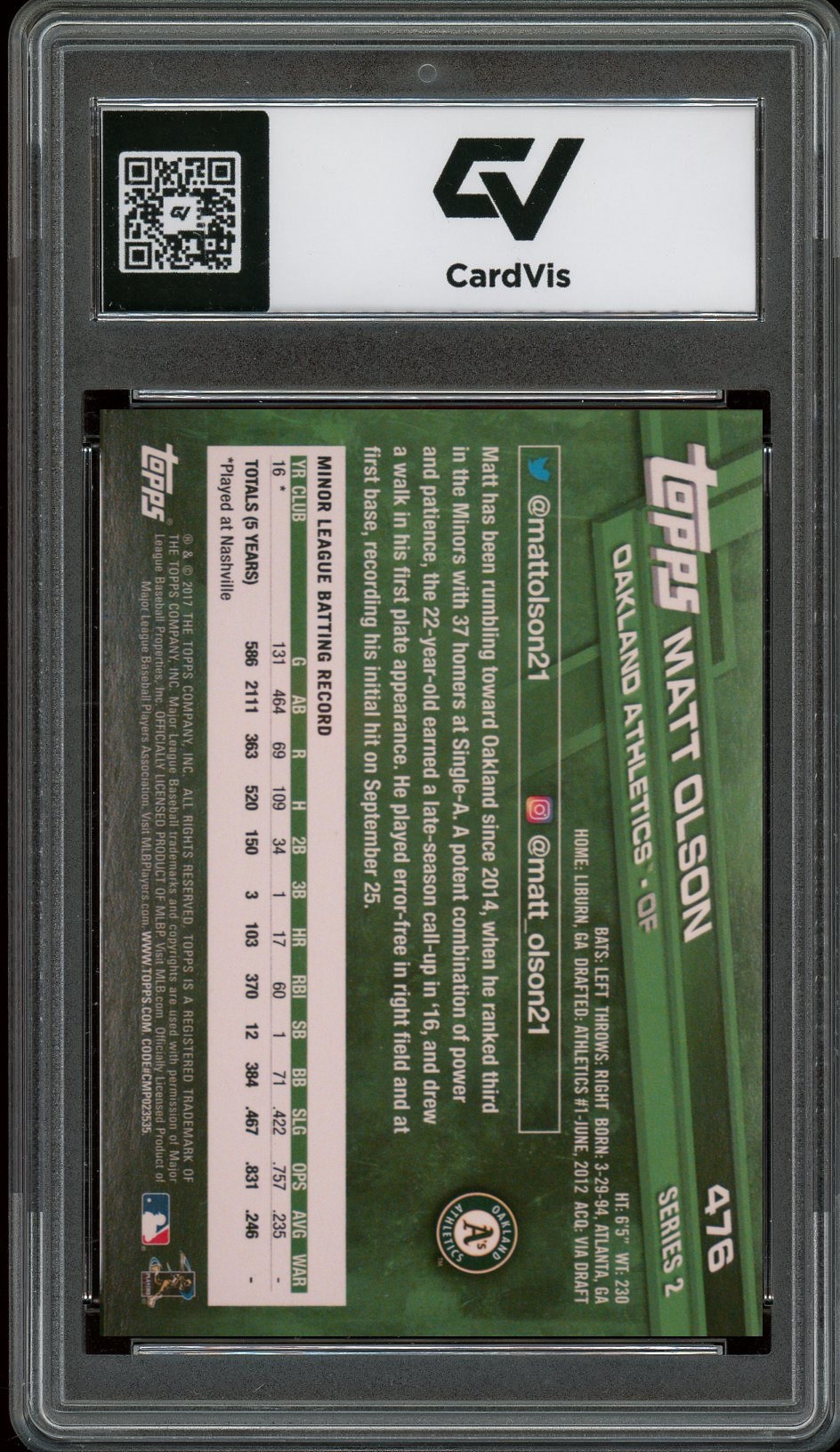 2017 Topps #476 Matt Olson Rookie Card RC Graded 10 Gem Mint - Back