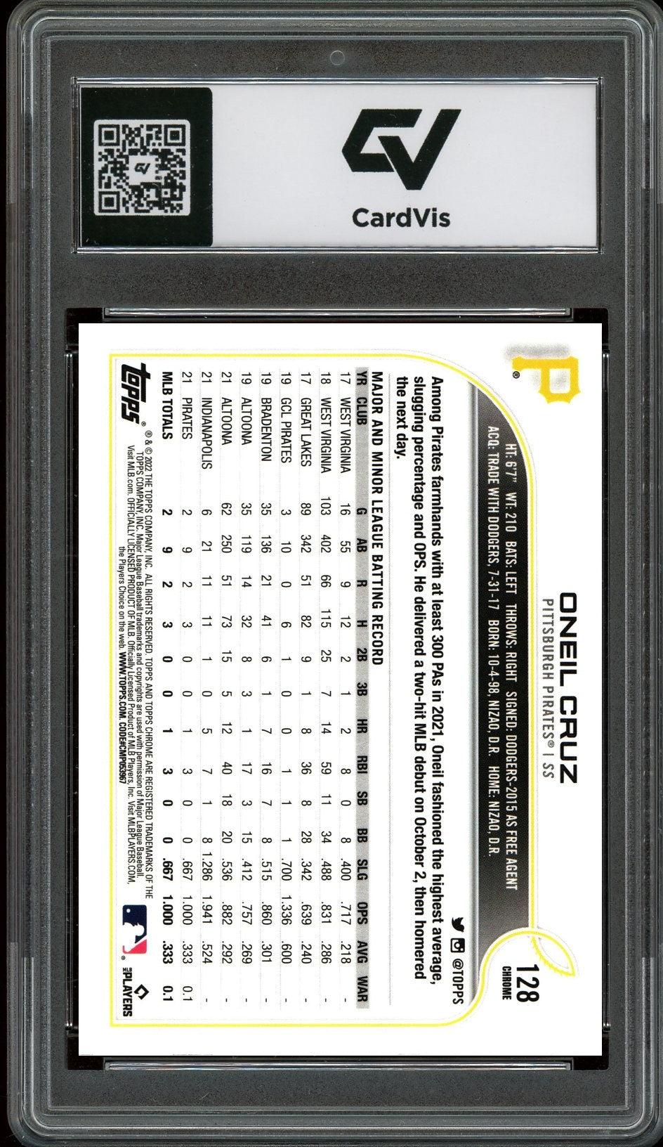 2022 Topps Chrome #128 Oneil Cruz Graded 10 Gem Mint - Back