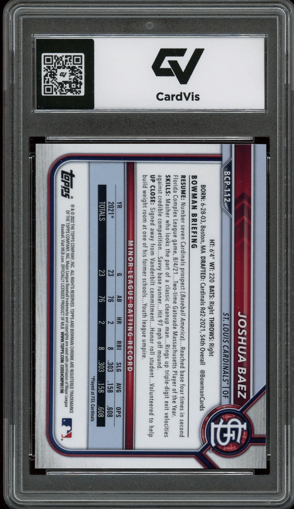 2022 Bowman Chrome #BCP-112 Joshua Baez 1st Rookie Card RC Graded 10 Gem Mint