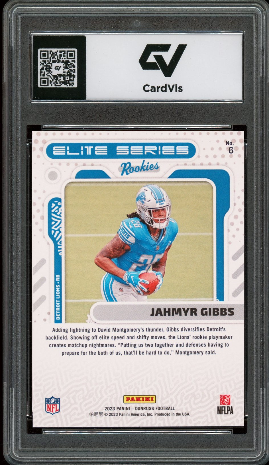 2023 Panini Donruss #6 Jahmyr Gibbs Elite Series Rookies Rookie Card RC Graded 10 Gem Mint - Back