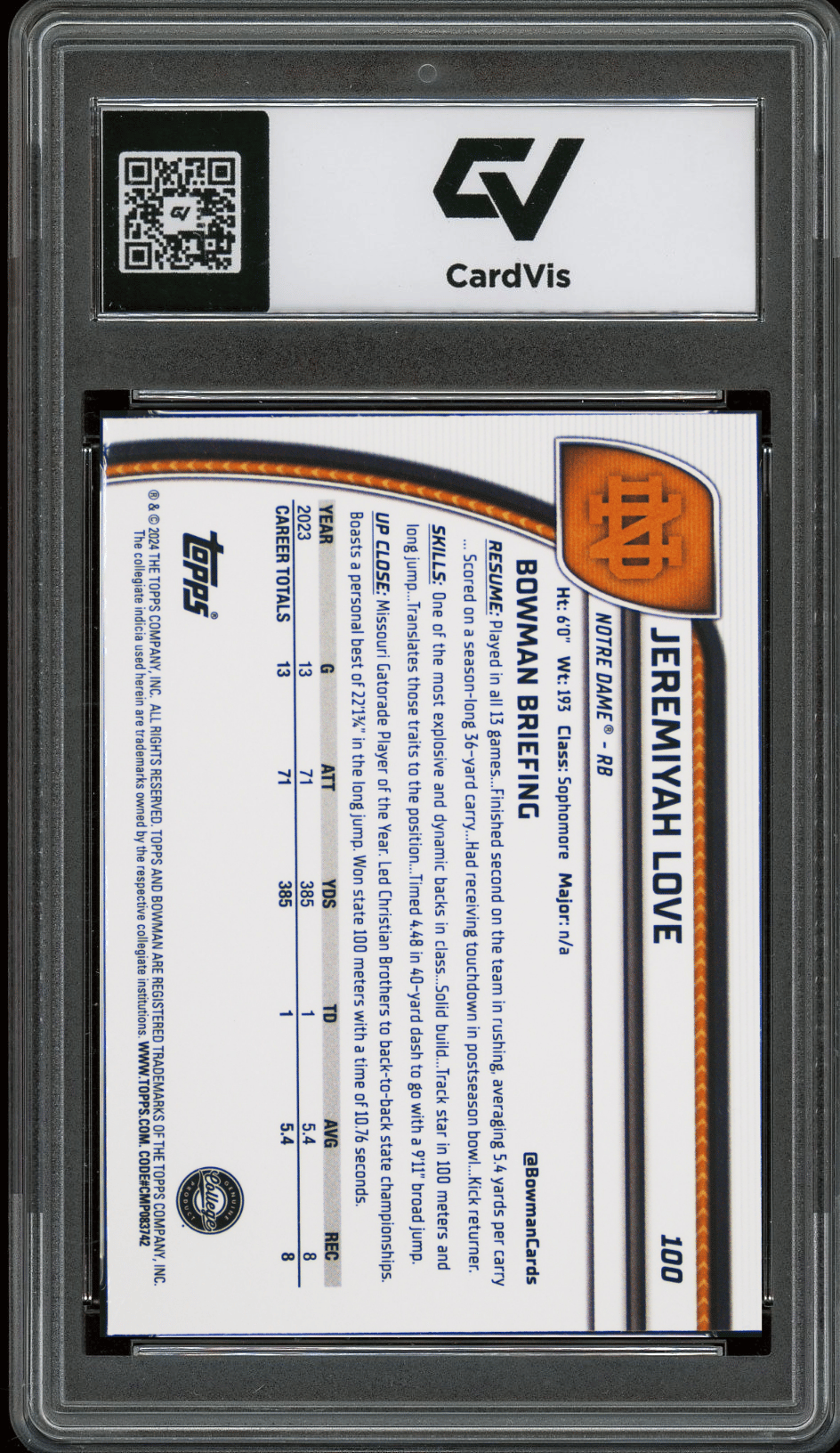 2024 Bowman University Chrome #100 Jeremiyah Love Graded 10 Gem Mint - Back