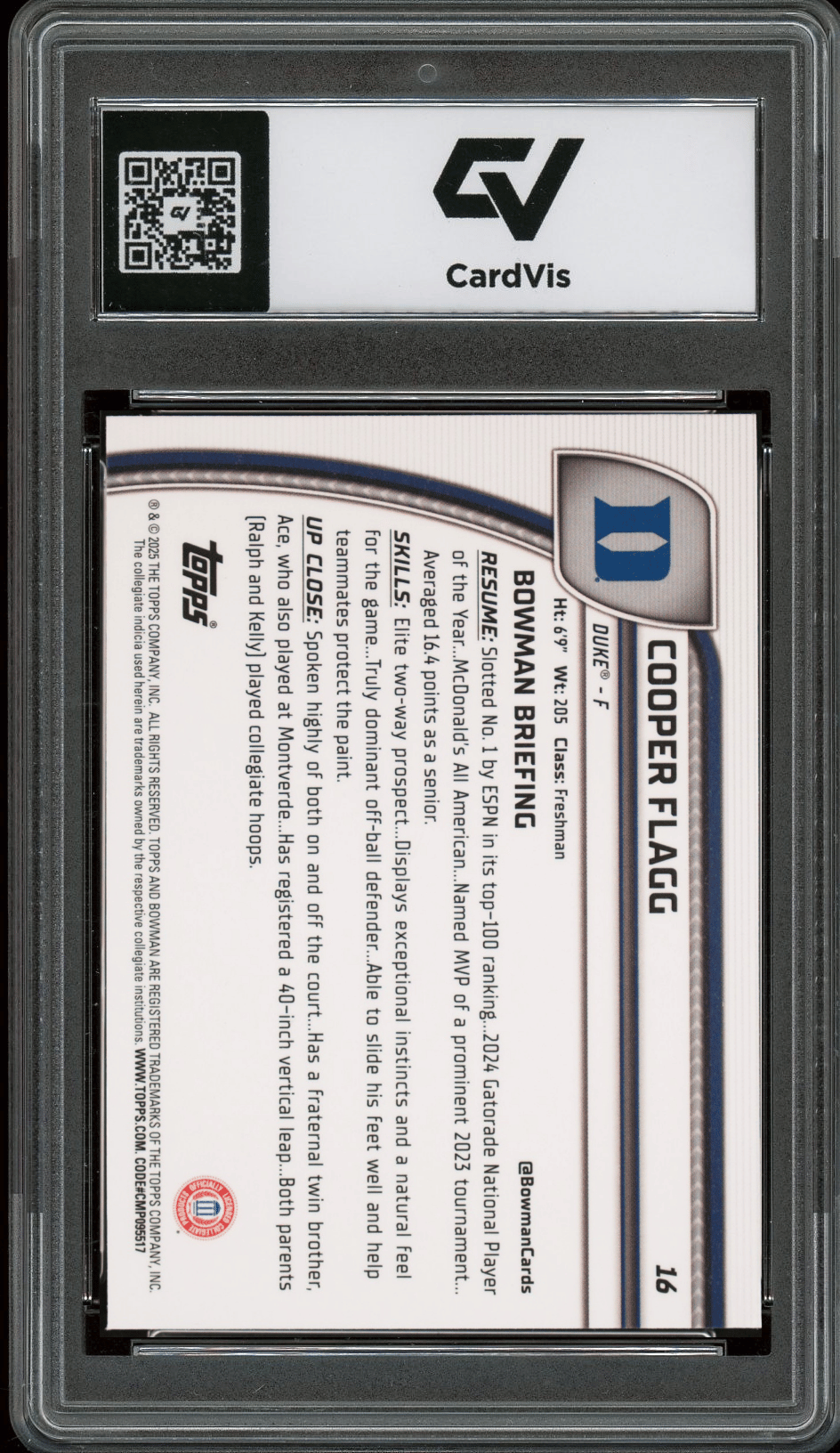 2024 Bowman Chrome University #16 Cooper Flagg Graded 10 Gem Mint - Back
