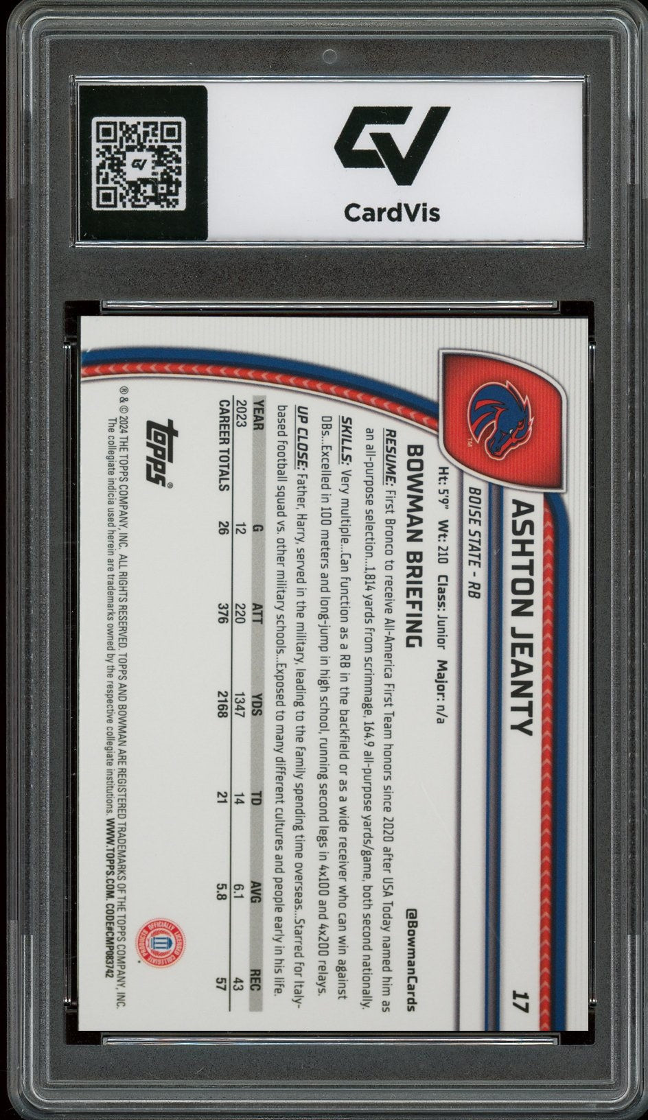 2024 Bowman University #17 Ashton Jeanty Chrome Rookie Card RC Graded 10 Gem Mint - Back
