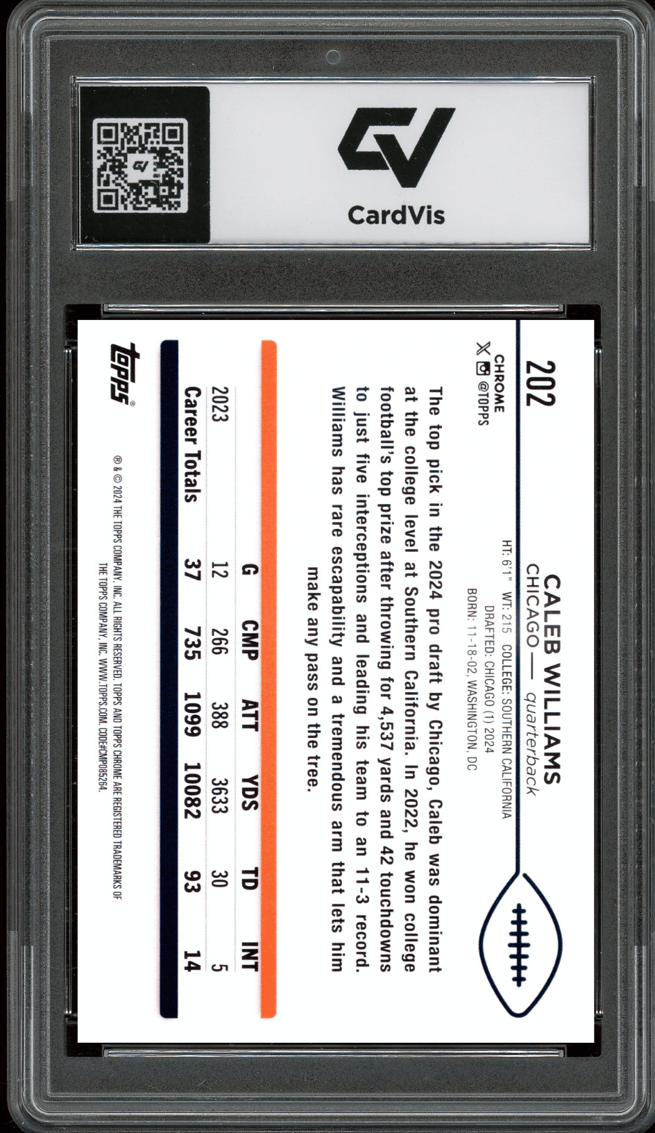 2024 Topps Chrome #202 Caleb Williams Graded 10 Gem Mint - Back
