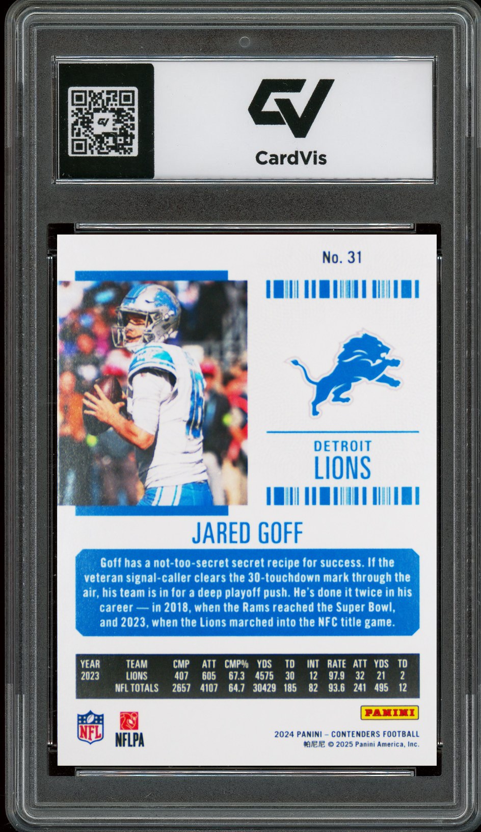 2024 Panini Contenders #31 Jared Goff Graded 10 Gem Mint - Back