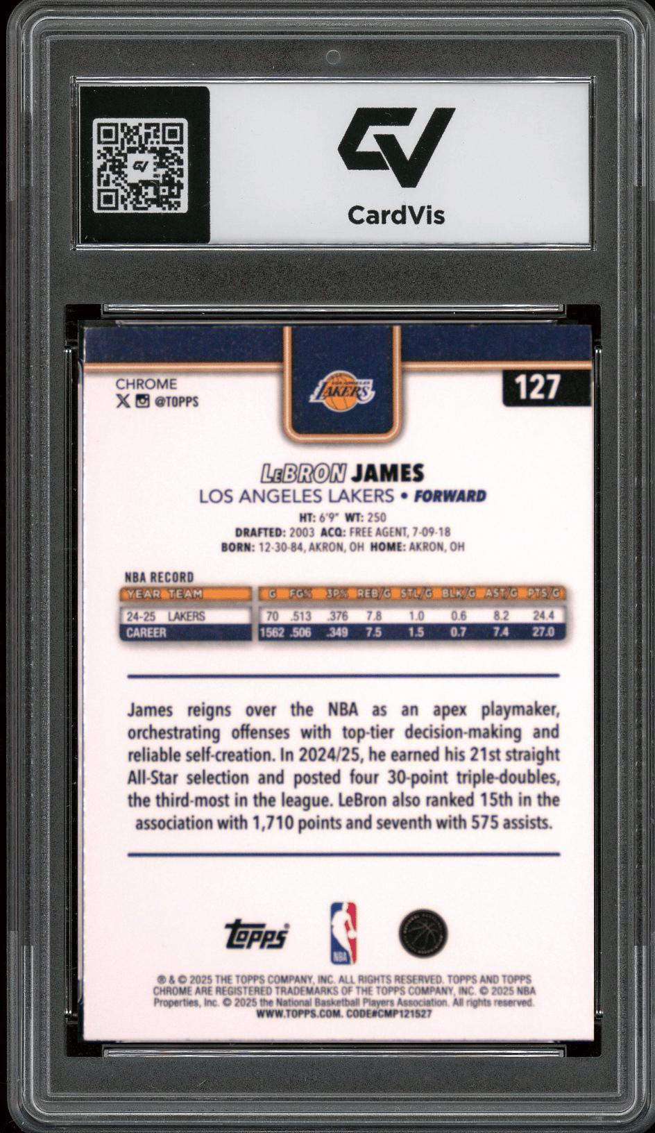 2025 Topps Chrome #127 Lebron James Graded 10 Gem Mint - Back