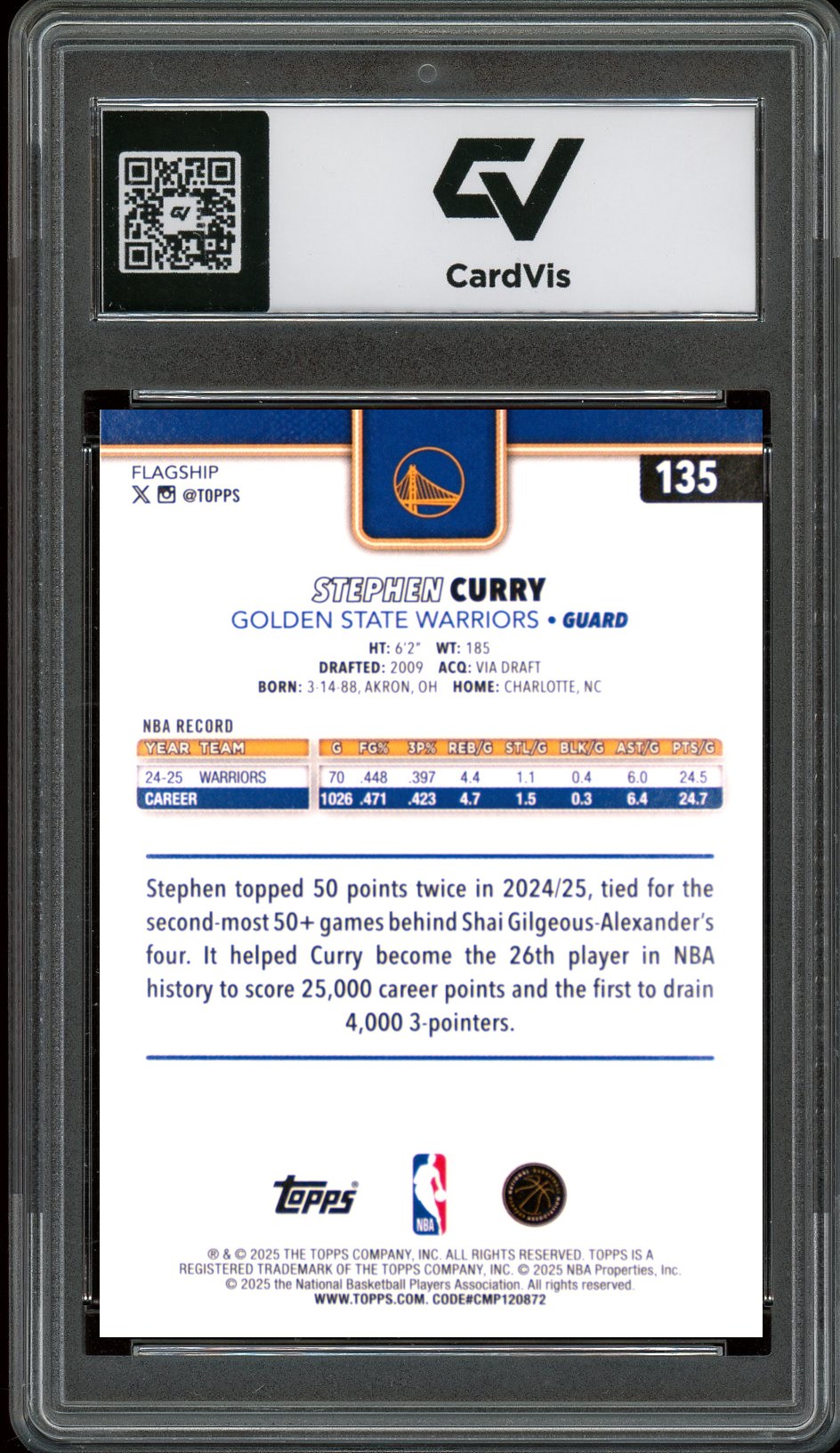 2025 Topps #135 Stephen Curry Graded 10 Gem Mint - Back