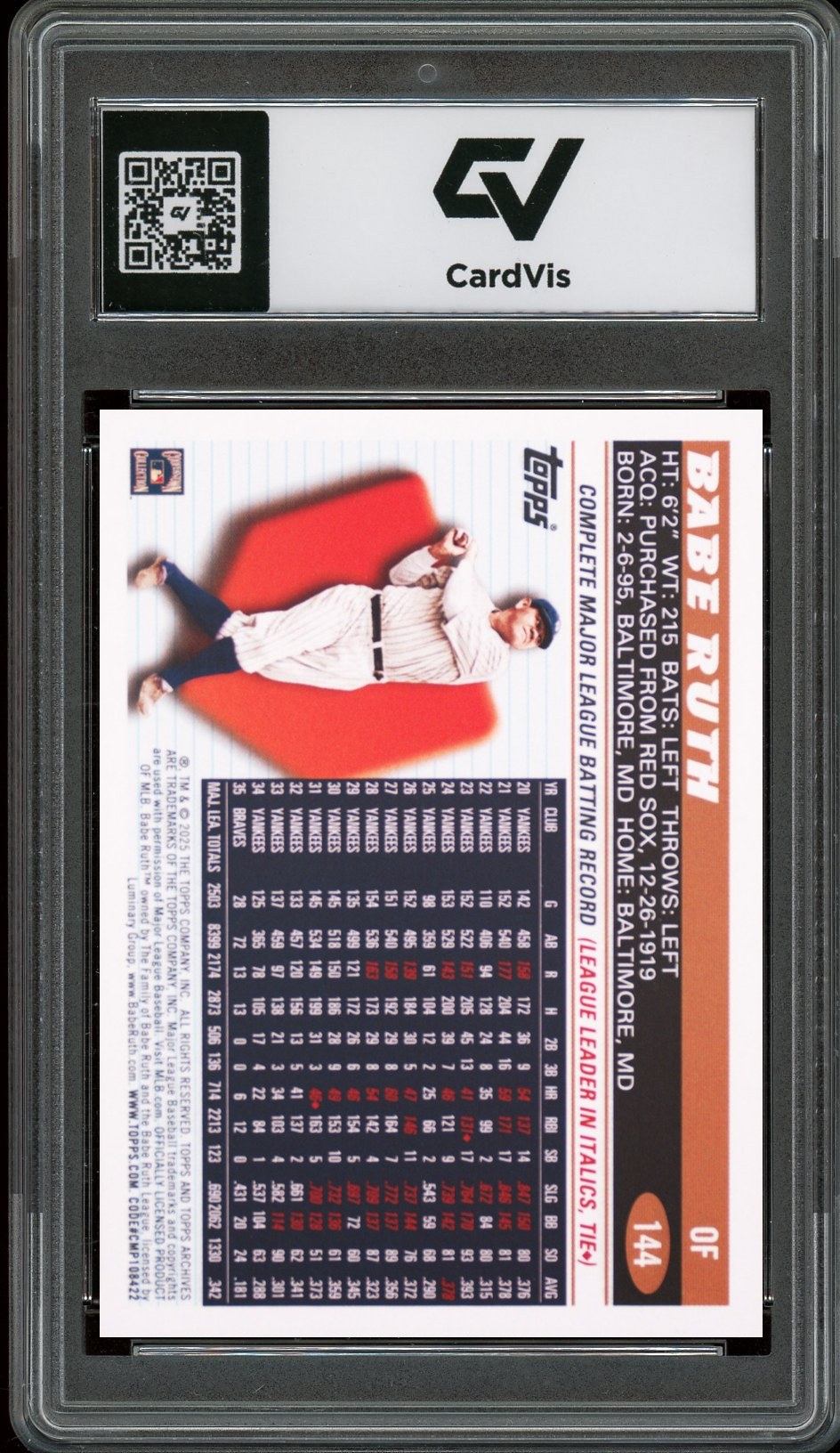 2025 Topps Archives #144 Babe Ruth Graded 10 Gem Mint - Back