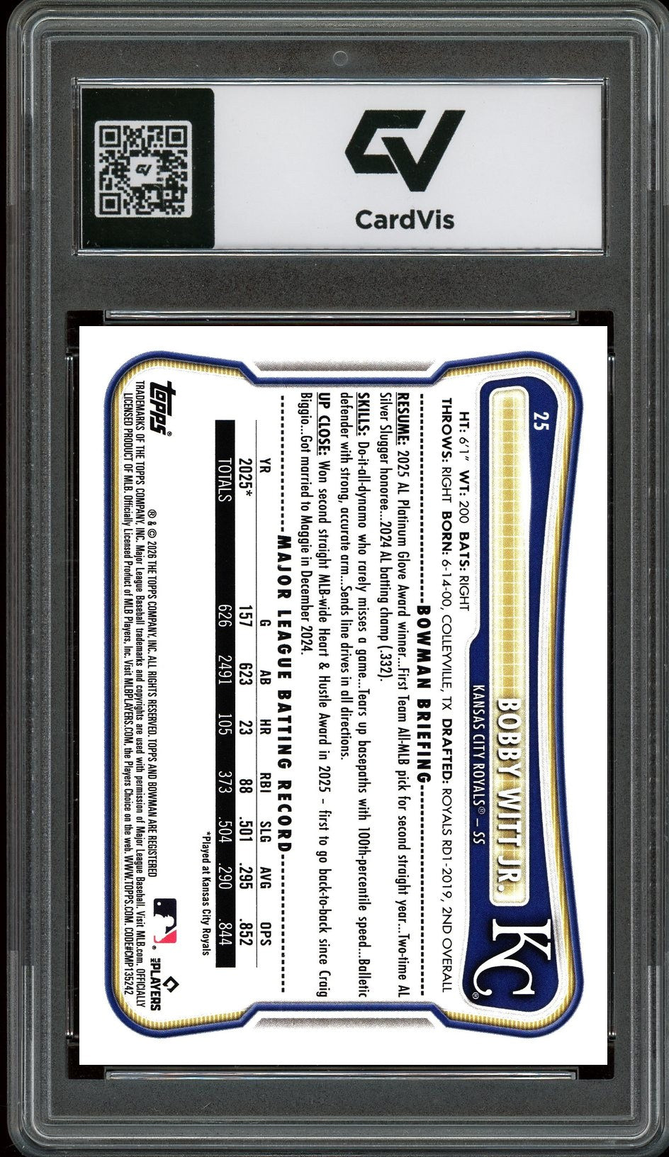 2025 Bowman #25 Bobby Witt Jr. Graded 10 Gem Mint - Back