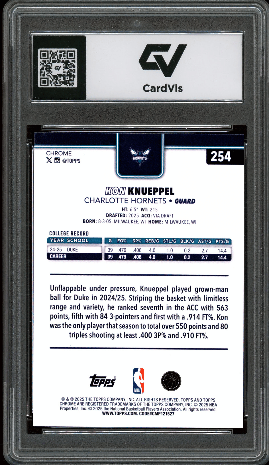 2025 Topps Chrome #254 Kon Knueppel Graded 10 Gem Mint - Back