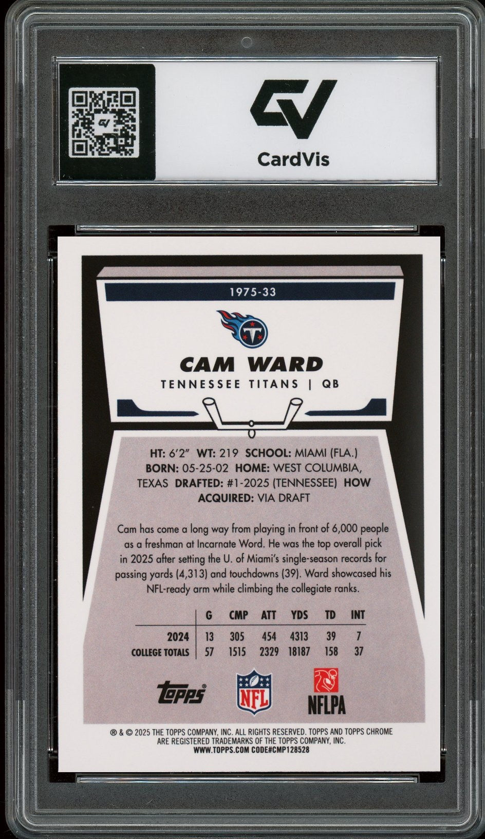 2025 Topps Chrome #33 Cam Ward 1975 Topps Throwback Graded 10 Gem Mint - Back