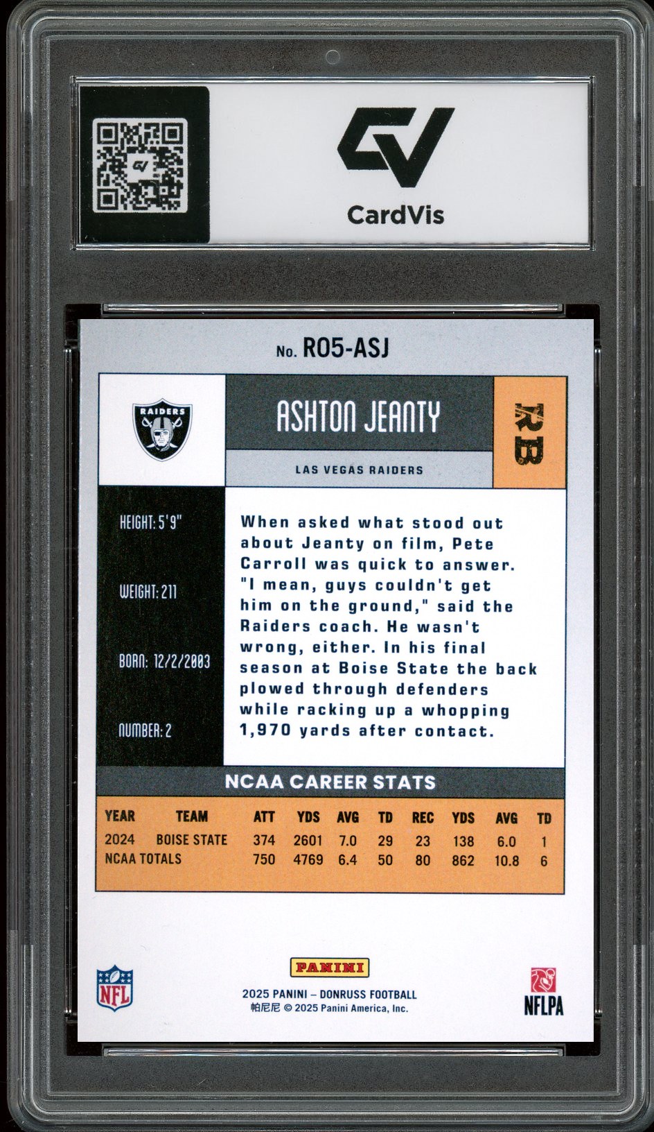 2025 Panini Donruss #R05-ASJ Ashton Jeanty Retro 2005 Rookie Card RC Graded 10 Gem Mint - Back