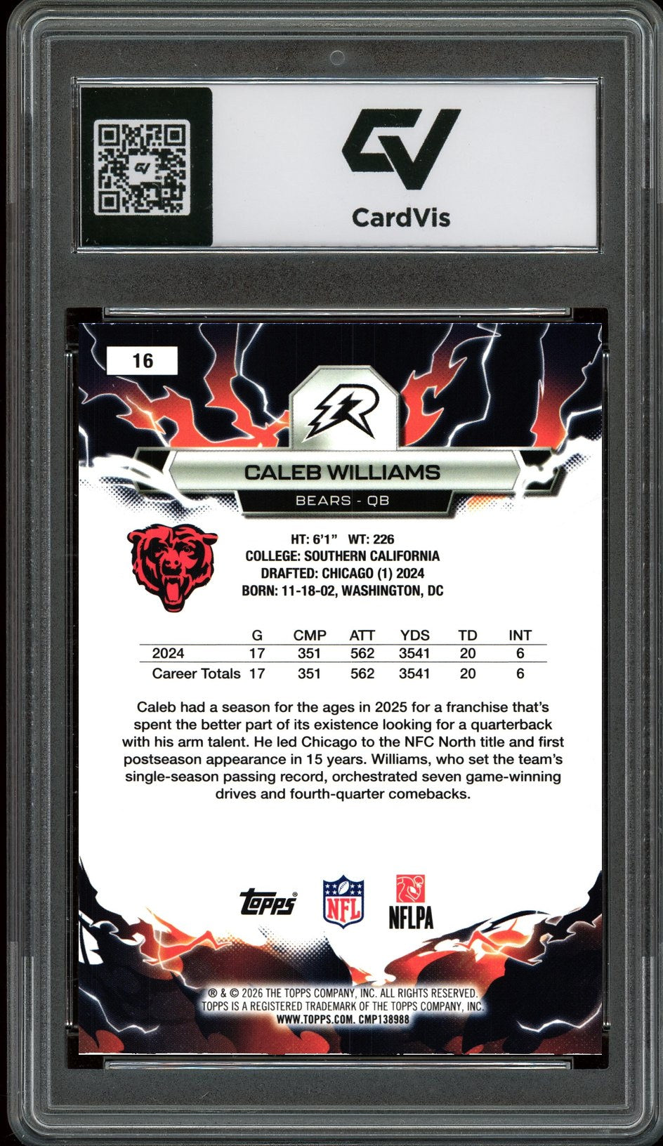 2026 Topps Resurgence #16 Caleb Williams Graded 10 Gem Mint - Back