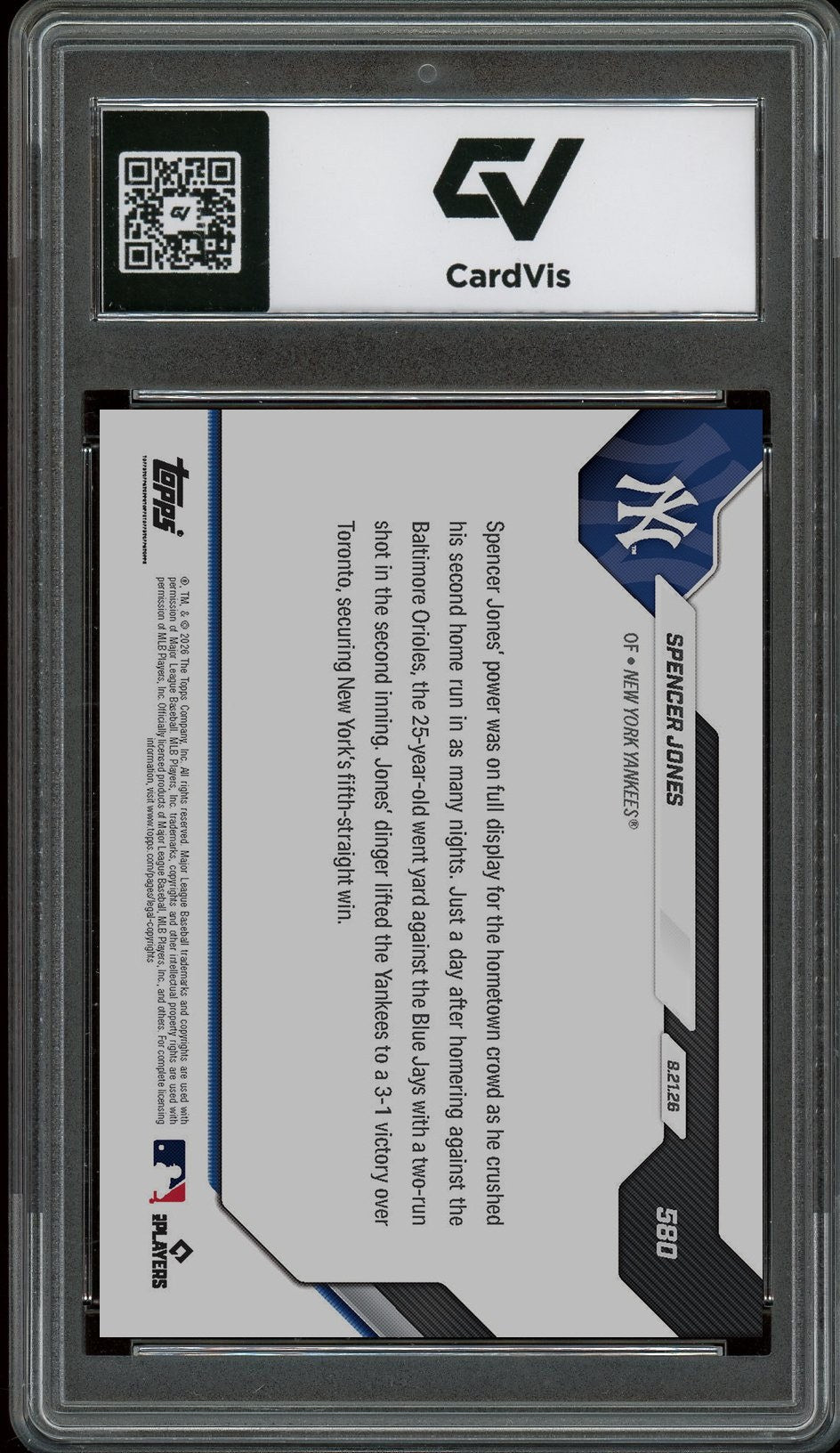 2026 Topps Now MLB #580 Spencer Jones Call Up Graded 10 Gem Mint - Back