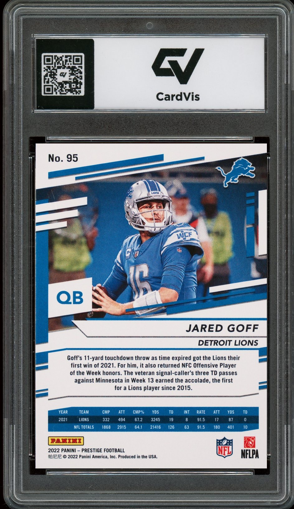 2022 Panini Prestige #95 Jared Goff Graded 10 Gem Mint - Back