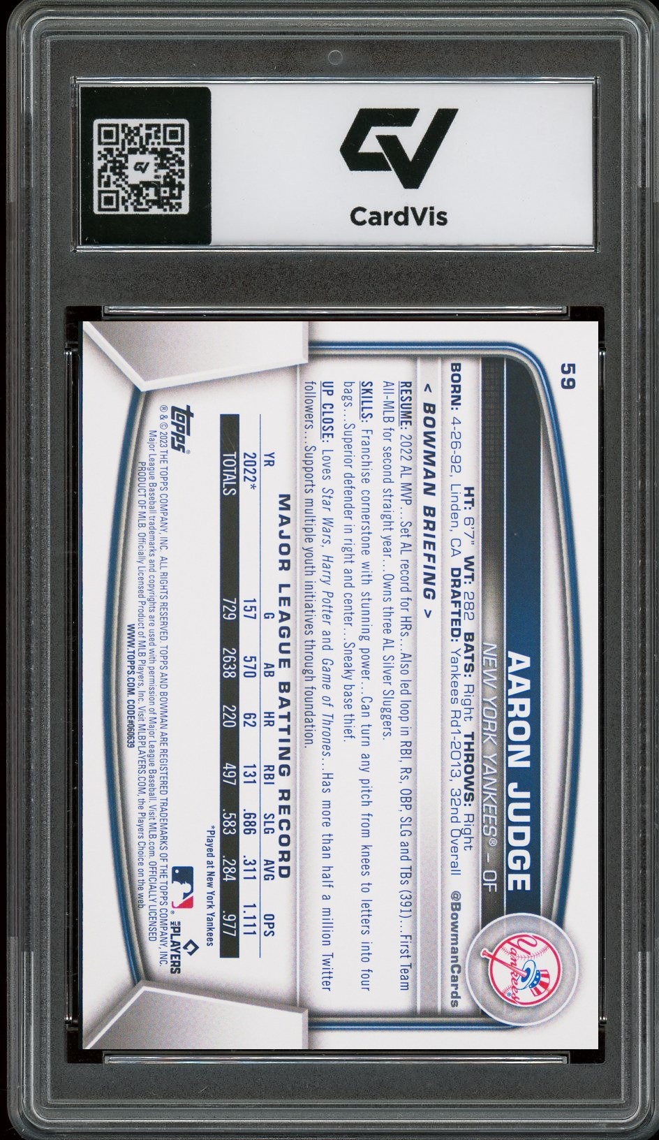 2023 Bowman #59 Aaron Judge Graded 10 Gem Mint - Back