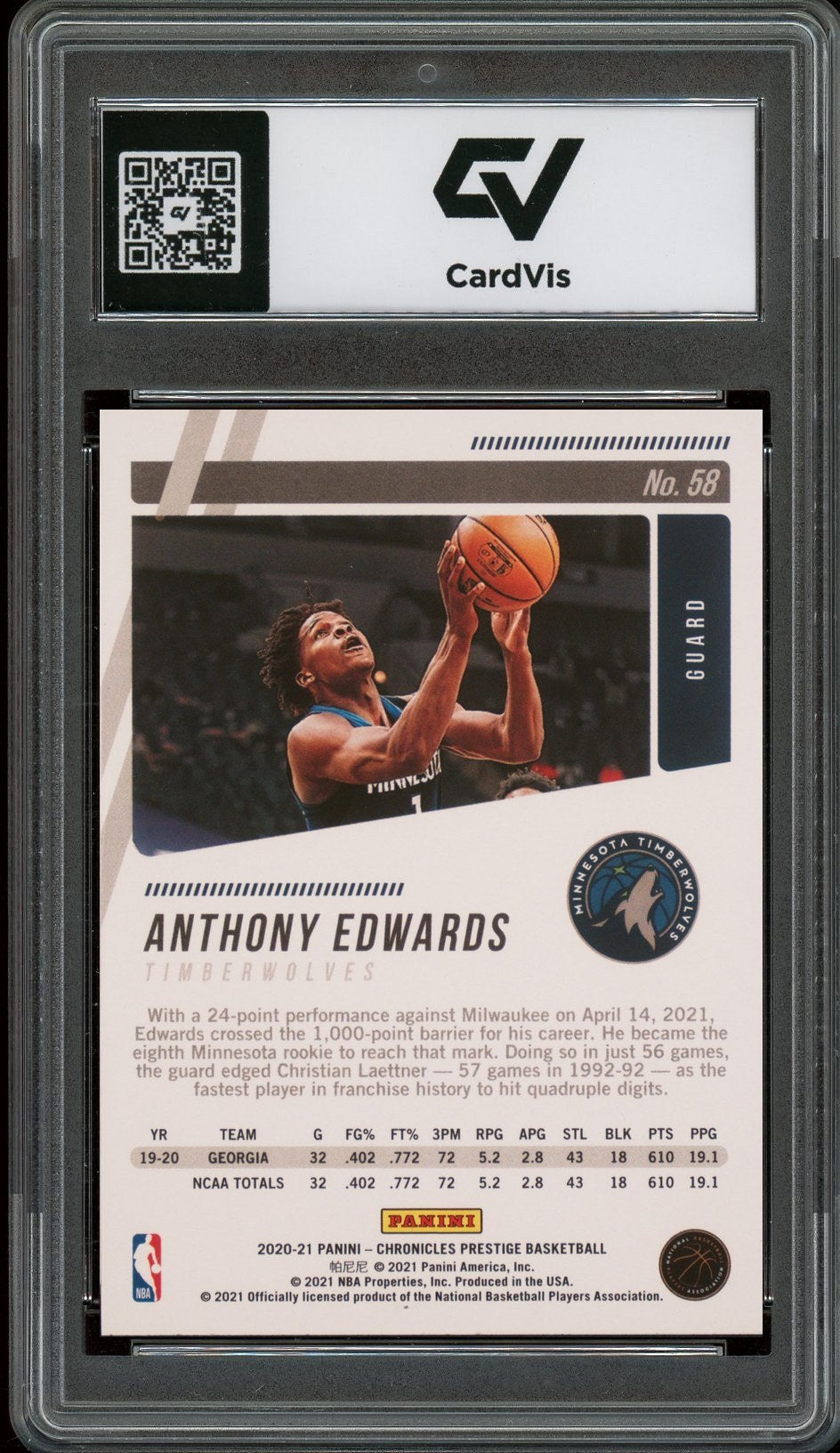 2020 Panini Chronicles #58 Anthony Edwards Prestige Rookie Card RC Graded 10 Gem Mint - Back