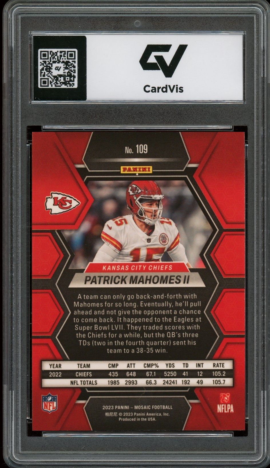 2023 Panini Mosaic #109 Patrick Mahomes II Graded 10 Gem Mint - Back