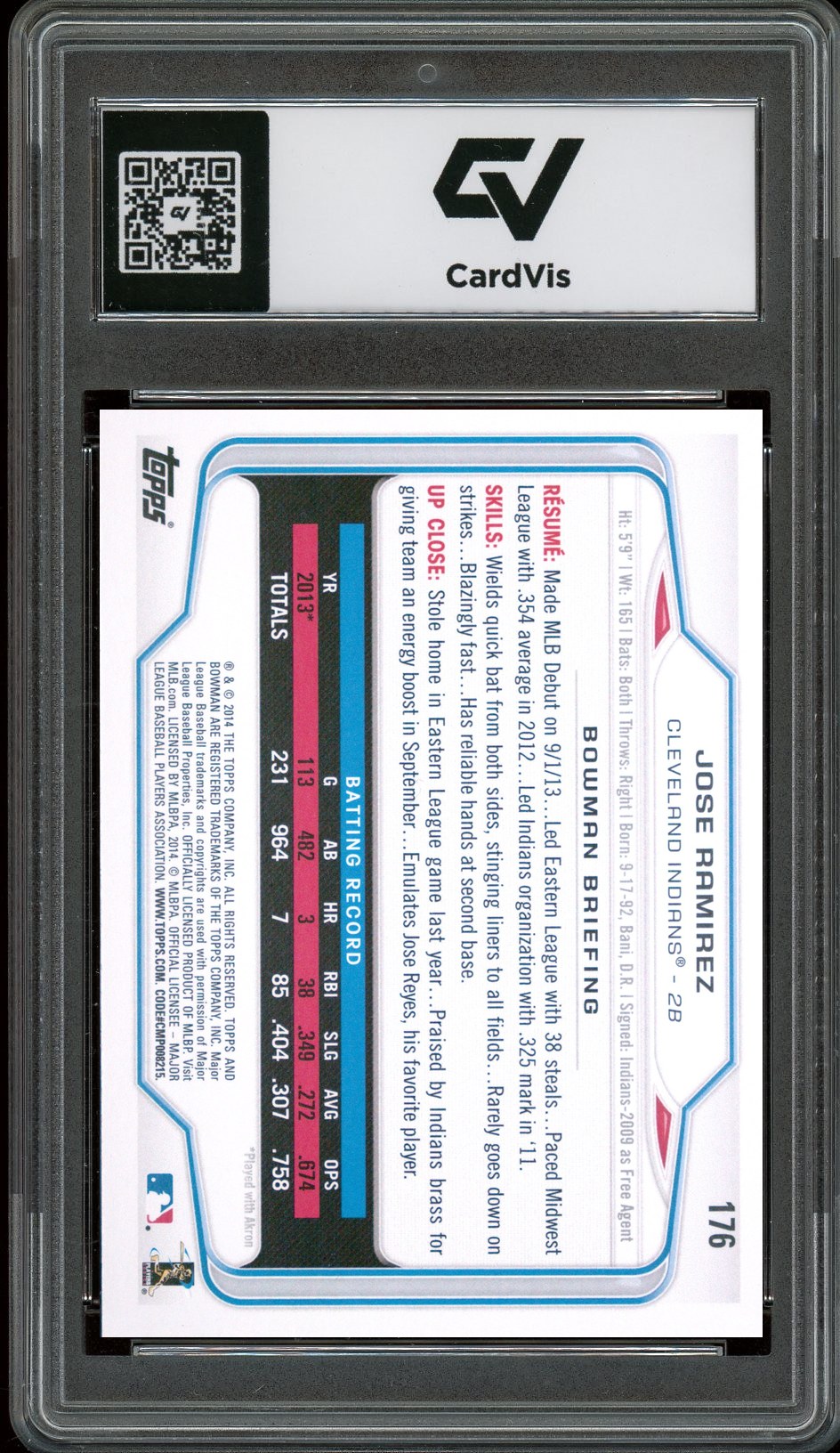 2014 Bowman #176 Jose Ramirez Rookie Card RC Graded 10 Gem Mint - Back