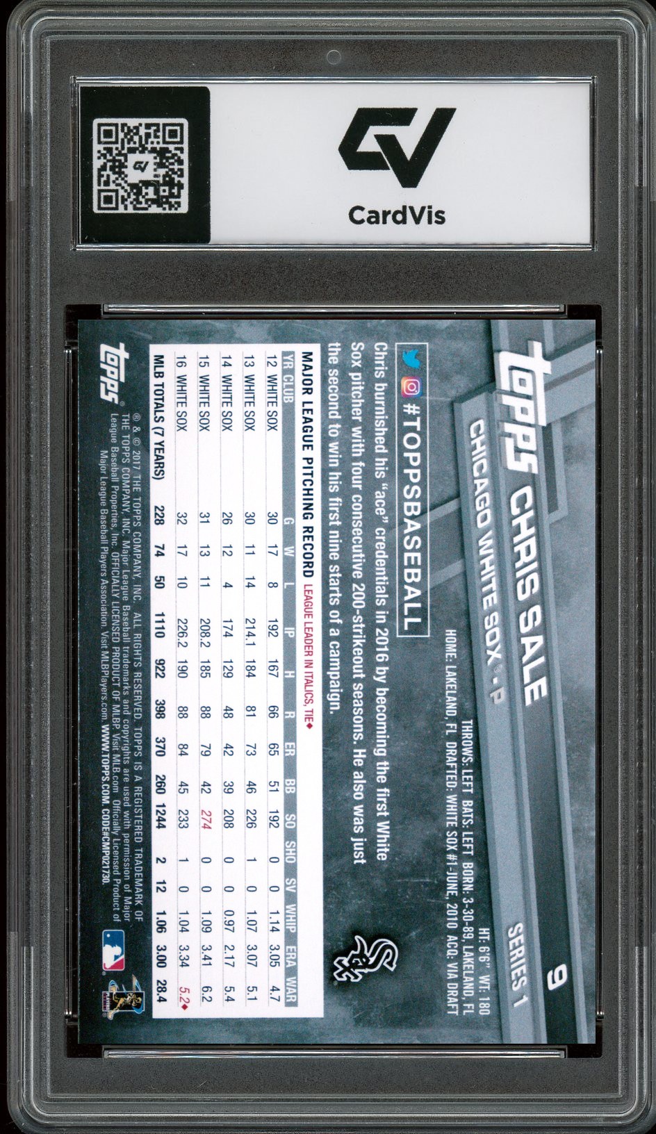 2017 Topps #9 Chris Sale All-Star Game Graded 10 Gem Mint - Back