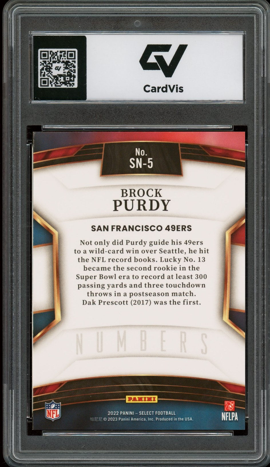 2022 Panini Select #SN-5 Brock Purdy Select Numbers Rookie Card RC Graded 10 Gem Mint - Back