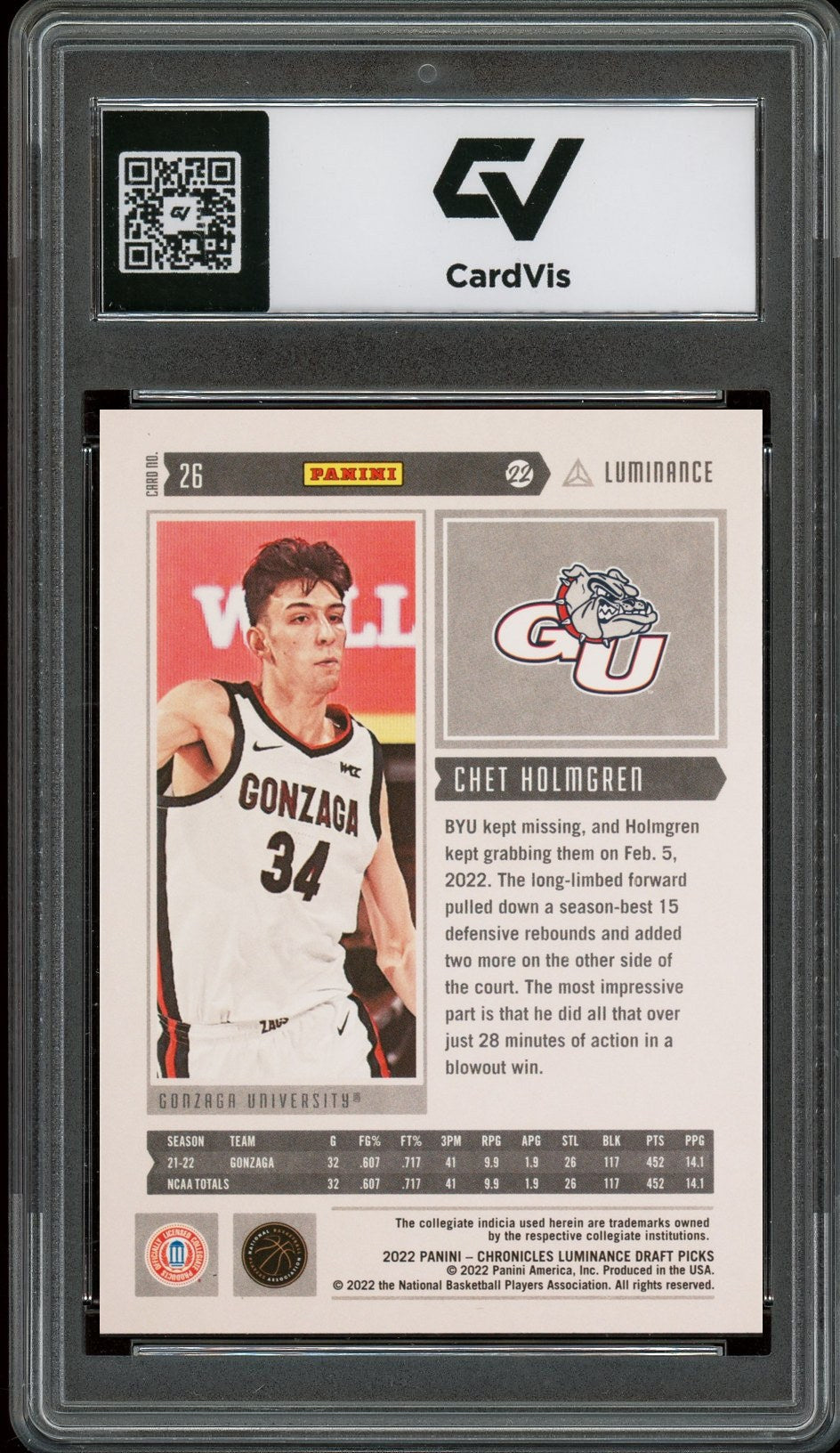 2022 Panini Chronicles Draft Picks #26 Chet Holmgren Luminance Rookie Card RC Graded 10 Gem Mint - Back