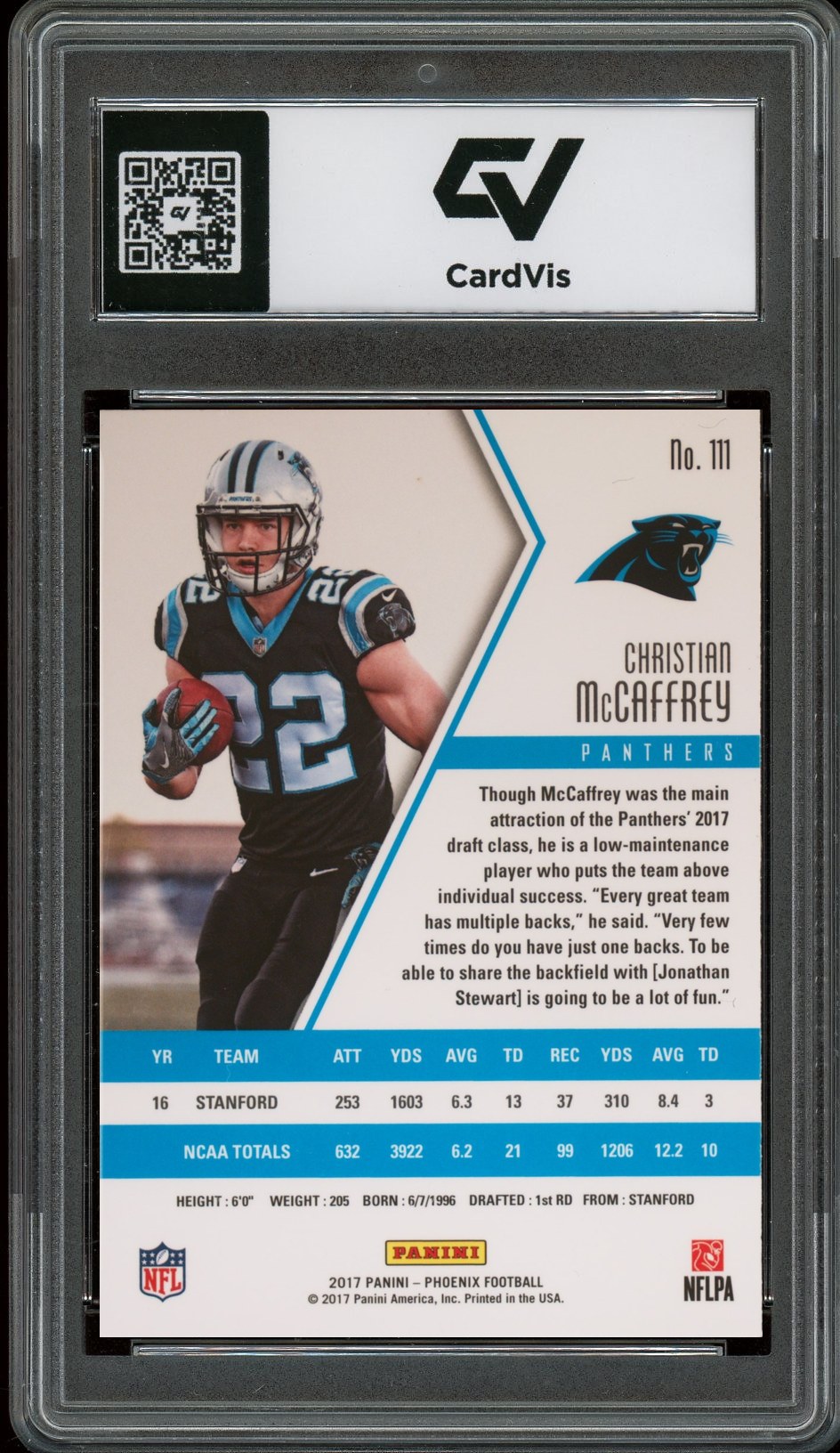 2017 Panini Phoenix #111 Christian McCaffrey Rookie Card RC Graded 10 Gem Mint - Back