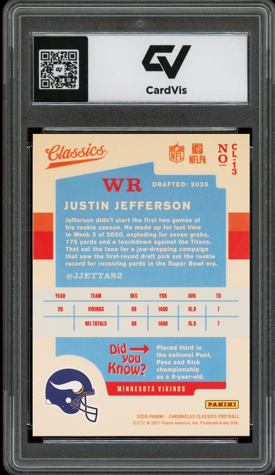 2020 Panini Chronicles #13 Justin Jefferson Classics Rookie Card RC Graded 10 Gem Mint - Back