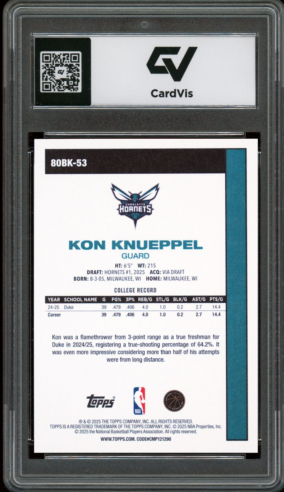 2025 Topps #80BK-53 Kon Knueppel 1980-81 Throwback Rookie Card RC Graded 10 Gem Mint - Back