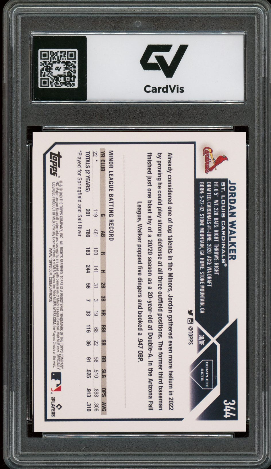 2023 Topps #344 Jordan Walker Rookie Card RC Graded 10 Gem Mint - Back
