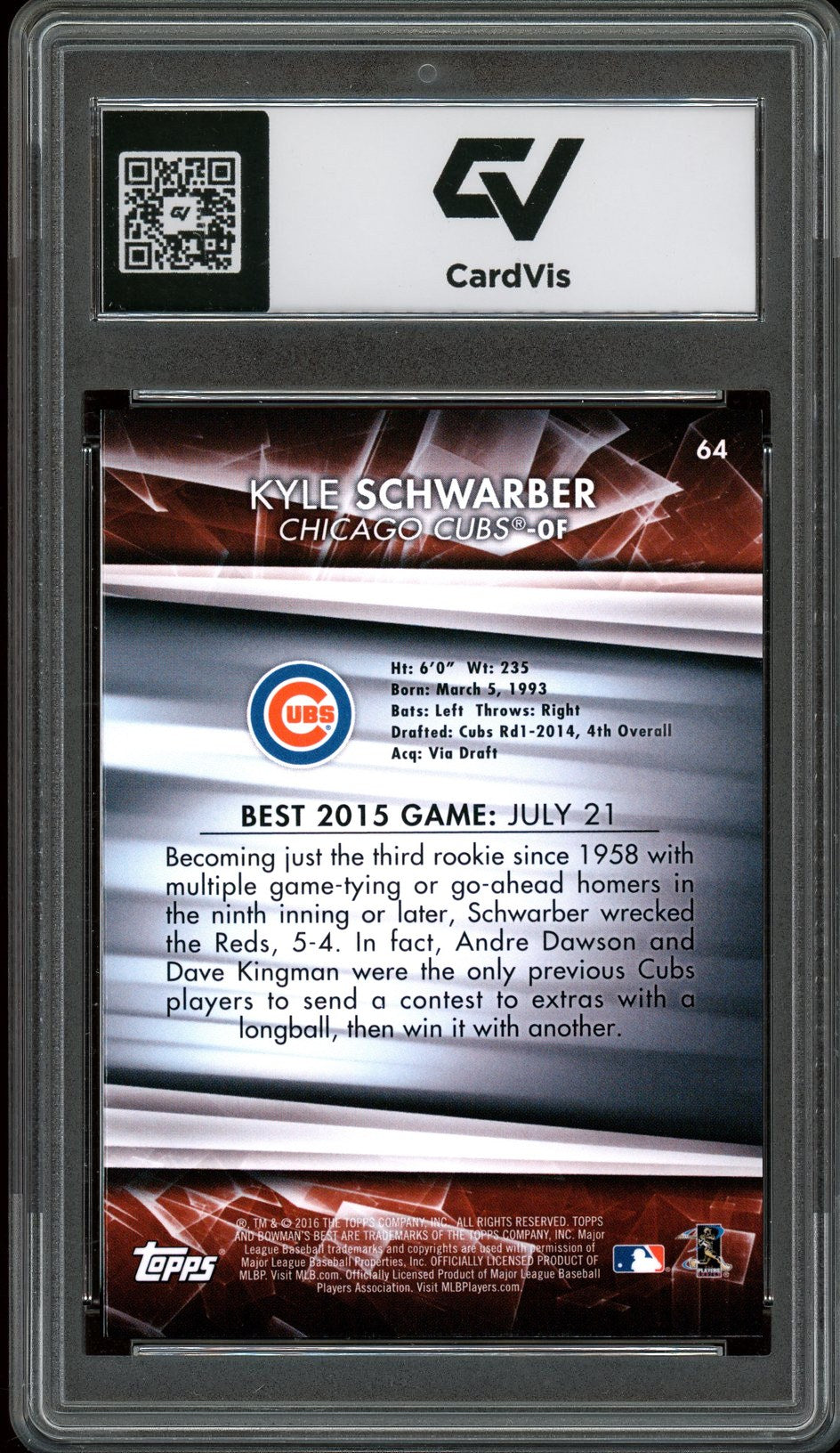 2016 Bowman's Best #64 Kyle Schwarber Rookie Card RC Graded 10 Gem Mint - Back