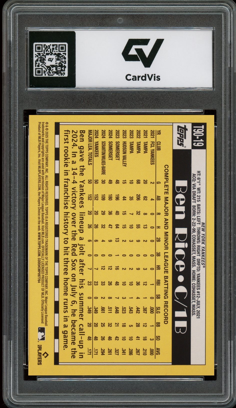 2025 Topps #T90-19 Ben Rice 1990 Throwback Rookie Card RC Graded 10 Gem Mint - Back