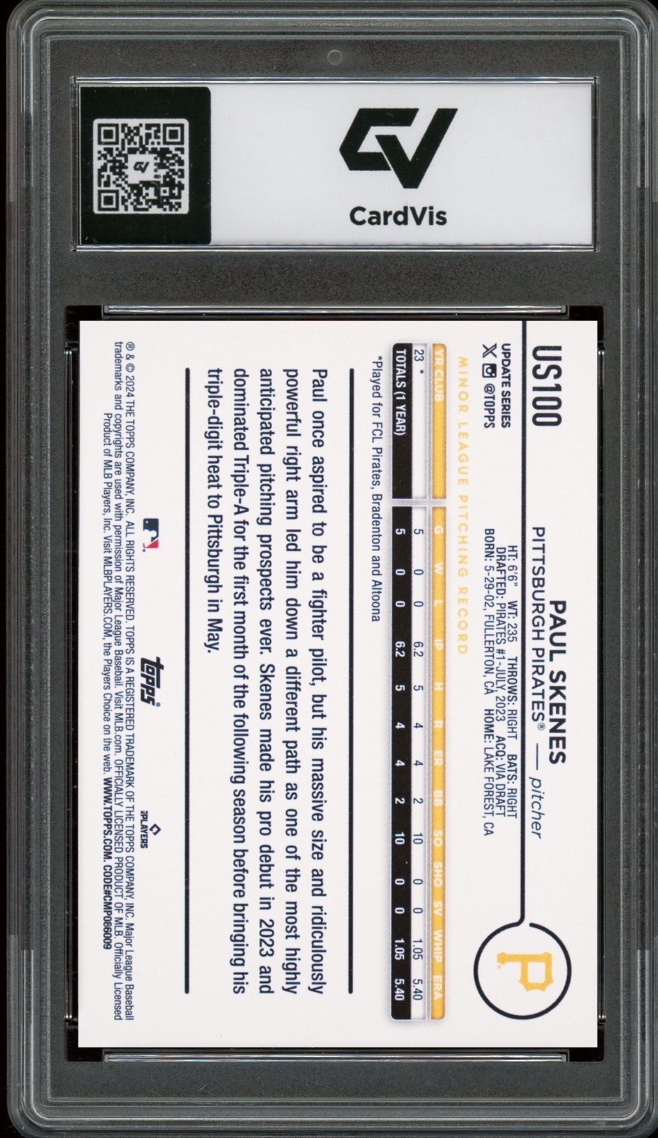 2024 Topps Update #US100 Paul Skenes Rookie Card RC Graded 10 Gem Mint - Back