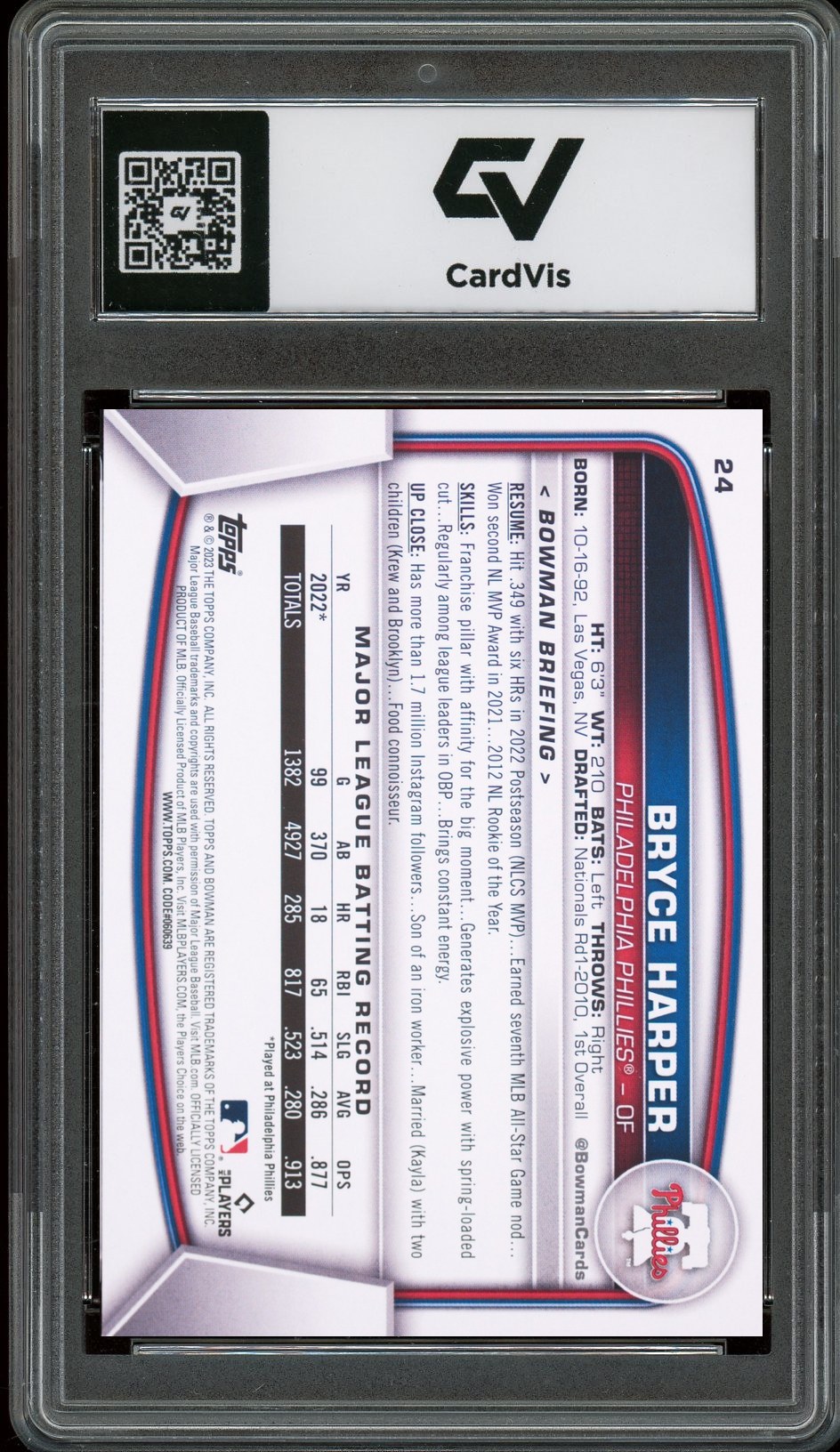 2023 Bowman #24 Bryce Harper Graded 10 Gem Mint - Back