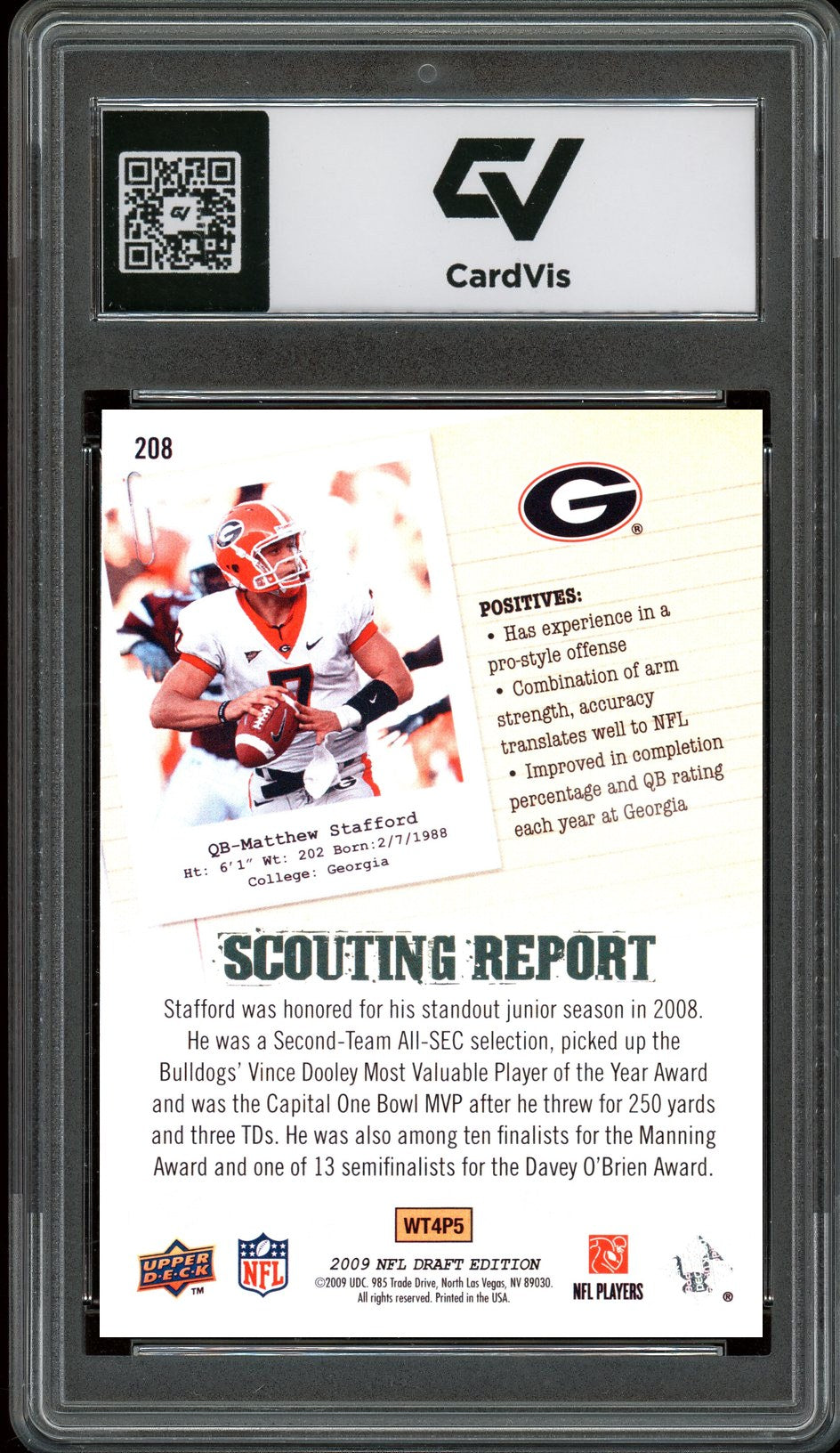 2009 Upper Deck #208 Matthew Stafford Draft Edition Rookie Card RC Graded 10 Gem Mint - Back
