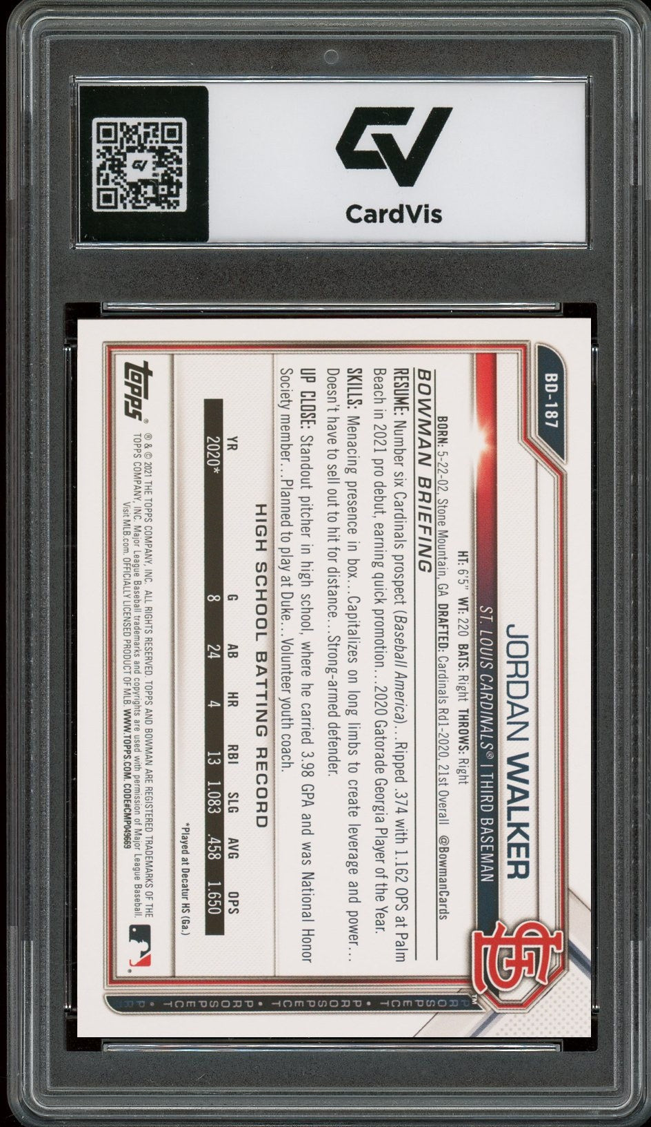2021 Bowman Draft #BD-187 Jordan Walker Rookie Card RC Graded 10 Gem Mint - Back