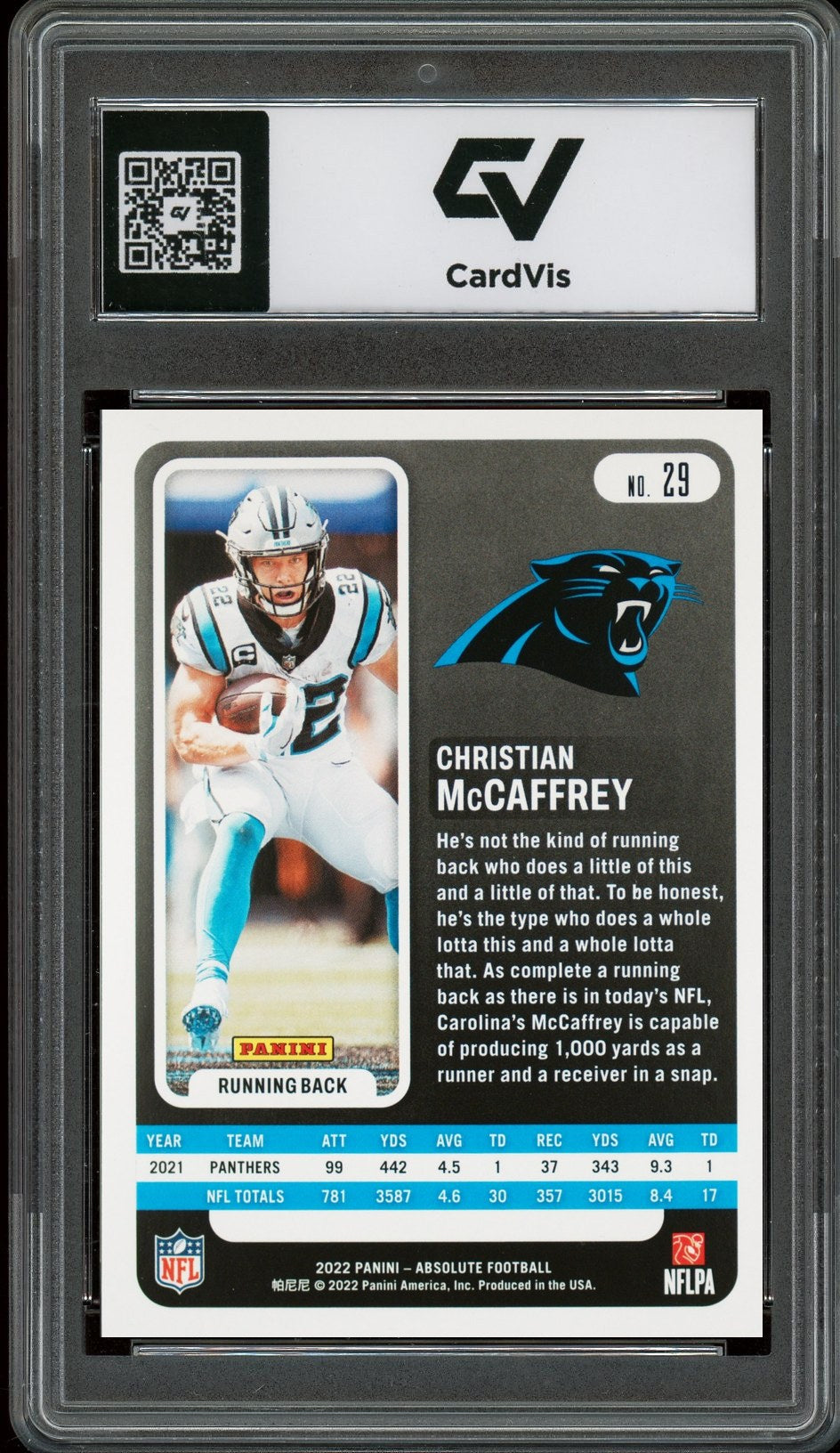 2022 Panini Absolute #29 Christian McCaffrey Graded 10 Gem Mint - Back
