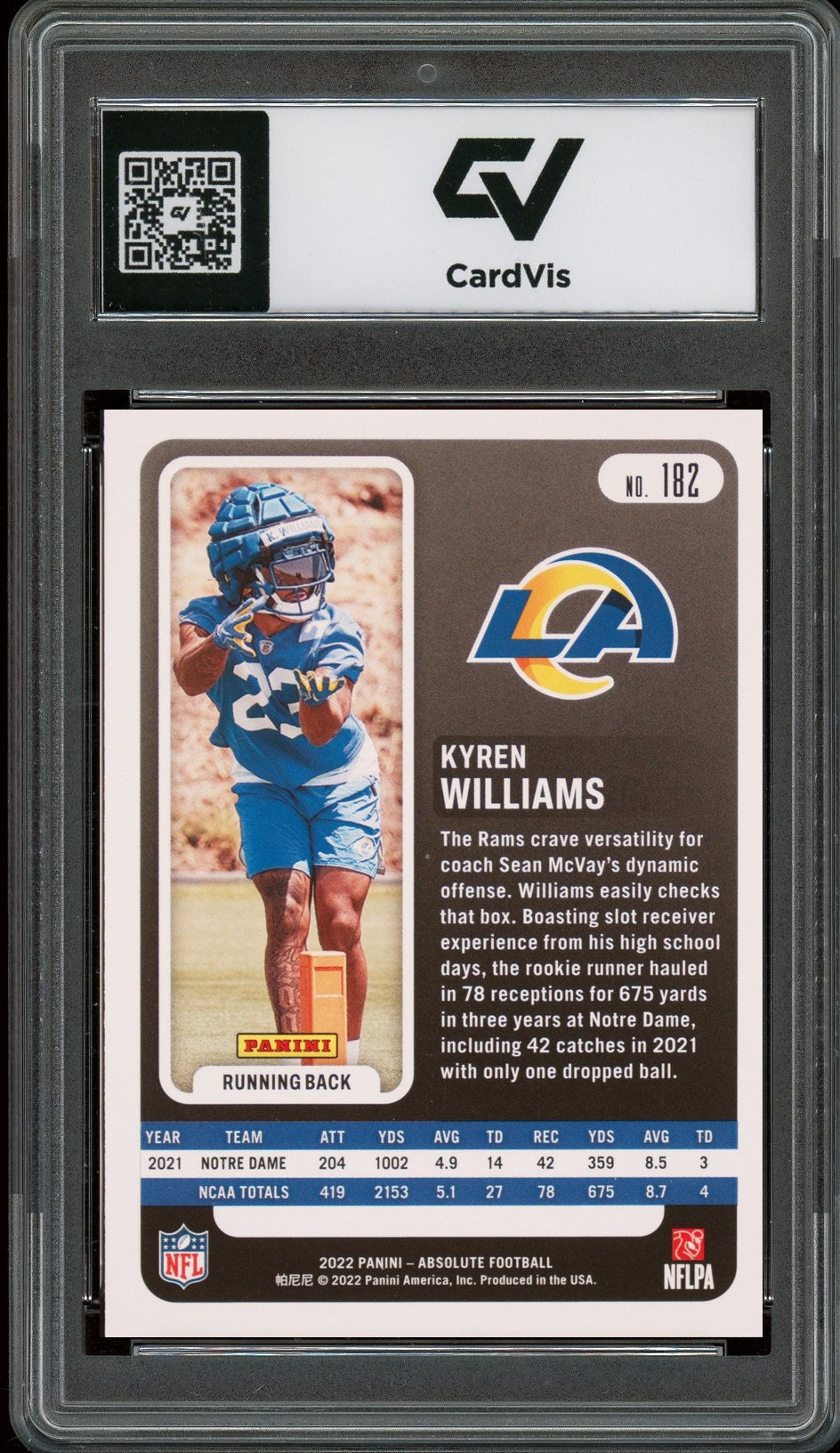 2022 Panini Absolute #182 Kyren Williams Rookie Card RC Graded 10 Gem Mint - Back