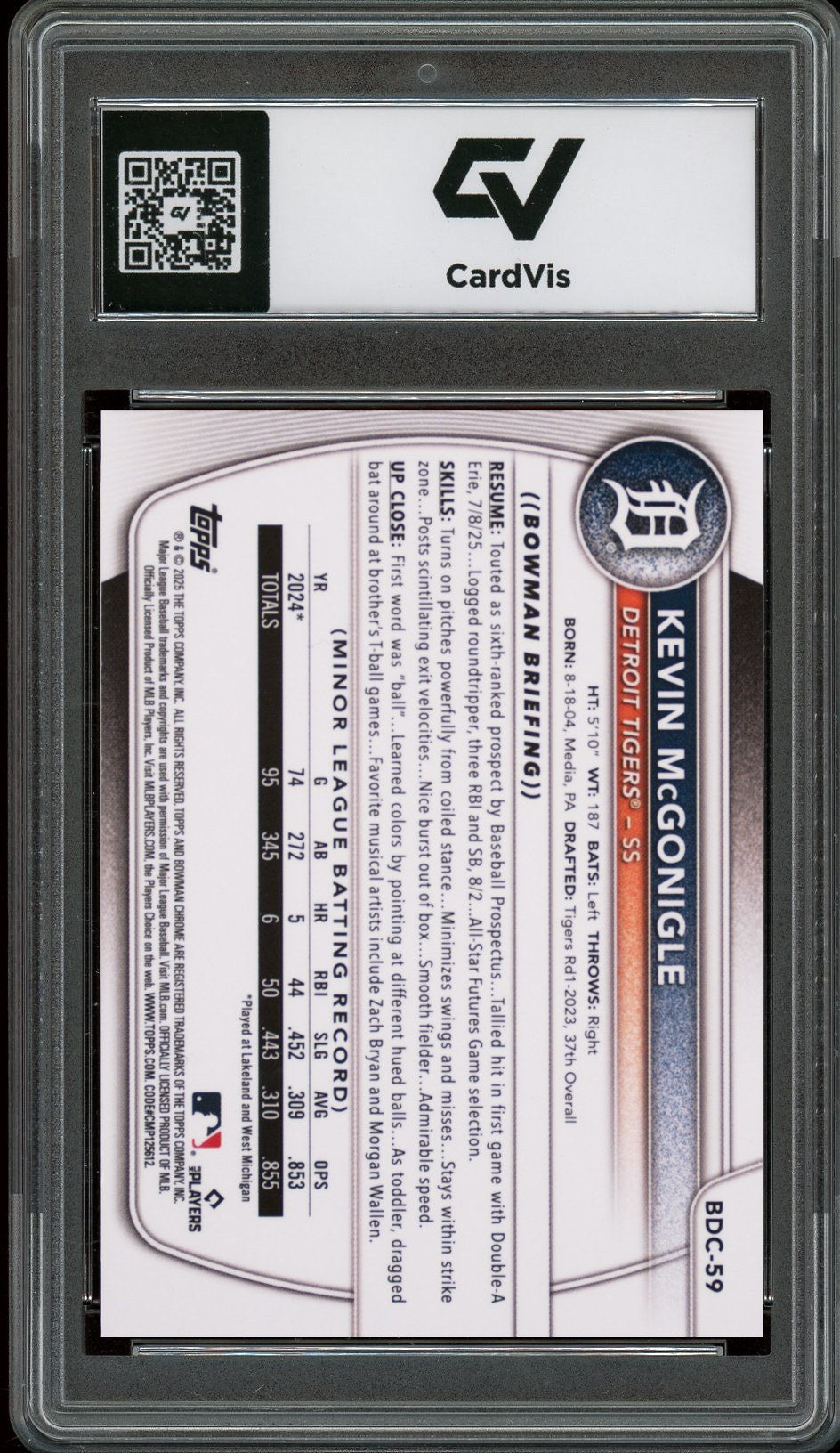 2025 Bowman Draft Chrome #BDC-59 Kevin McGonigle Chrome Graded 10 Gem Mint - Back