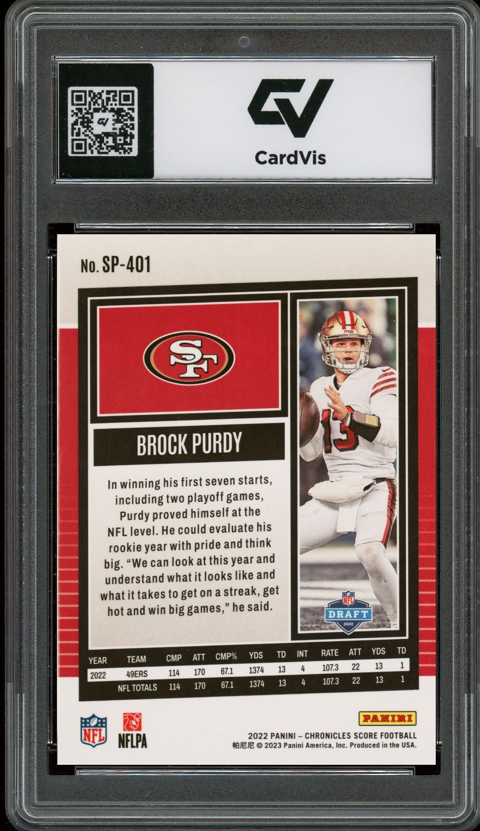 2022 Panini Chronicles #SP-401 Brock Purdy Score Rookie Card RC Graded 10 Gem Mint - Back