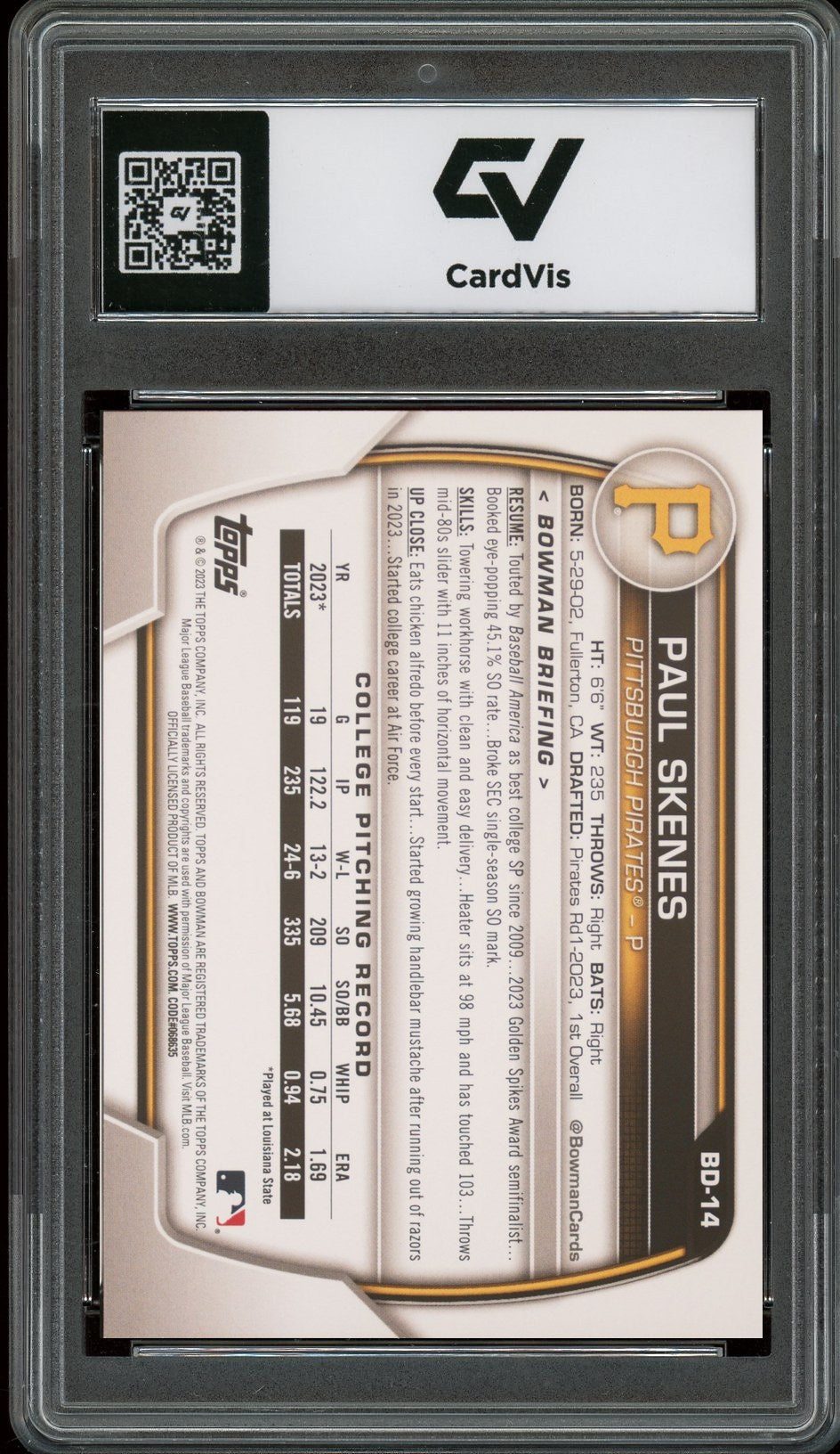 2023 Bowman Draft #BD-14 Paul Skenes Rookie Card RC Graded 10 Gem Mint - Back