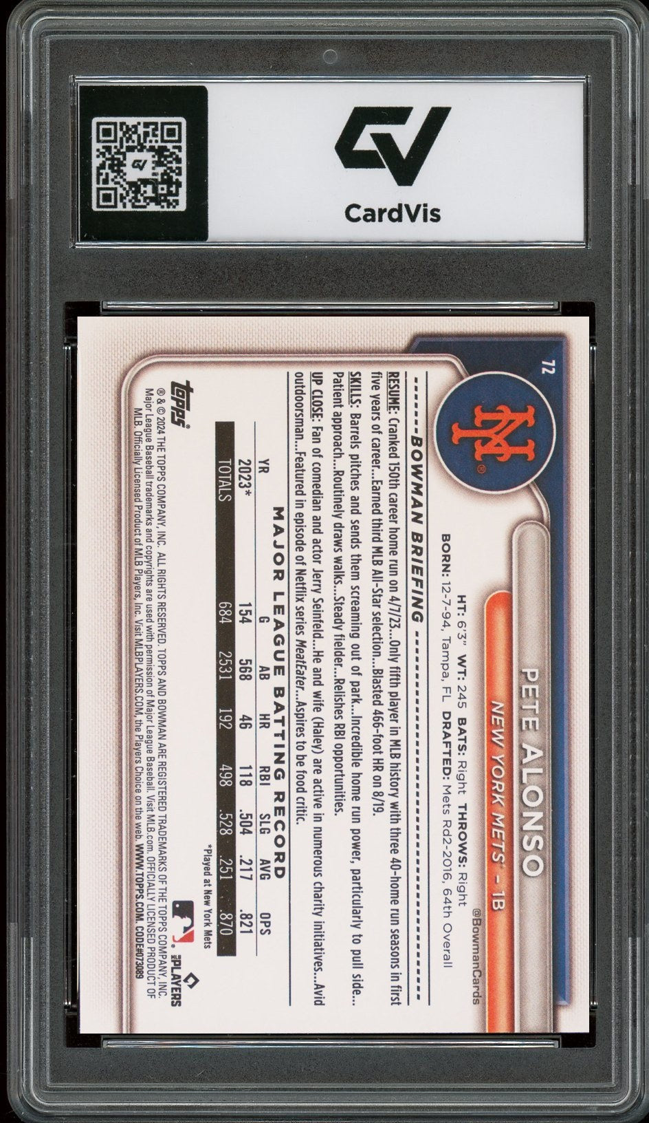 2024 Bowman #72 Pete Alonso Graded 10 Gem Mint - Back