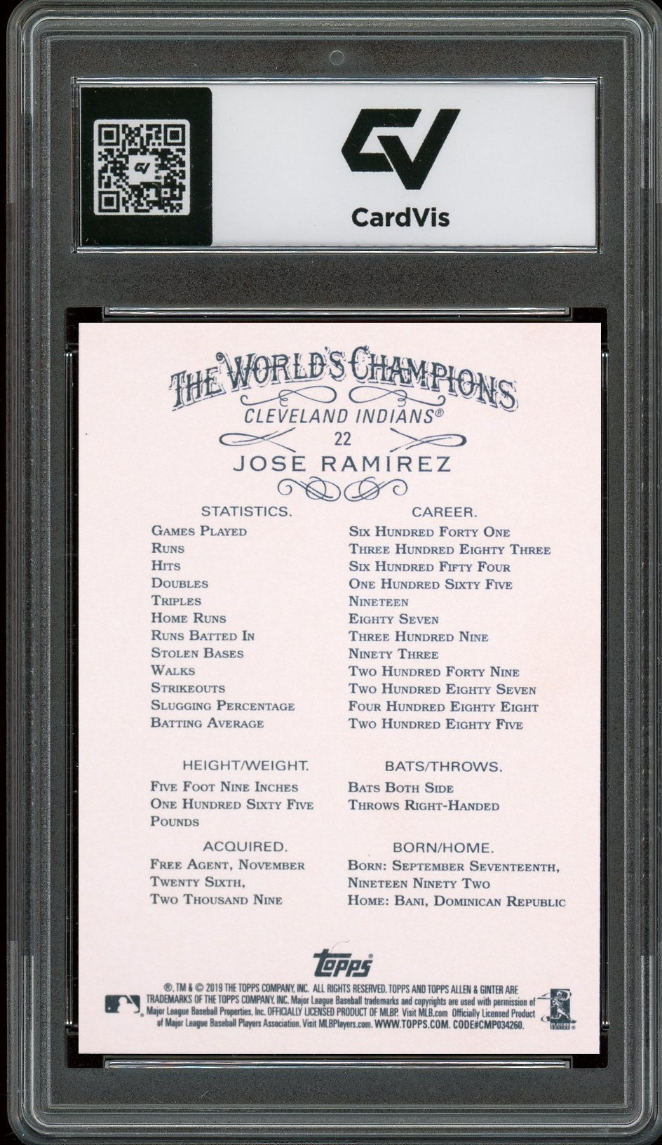 2019 Topps Allen & Ginter #22 Jose Ramirez Graded 10 Gem Mint - Back